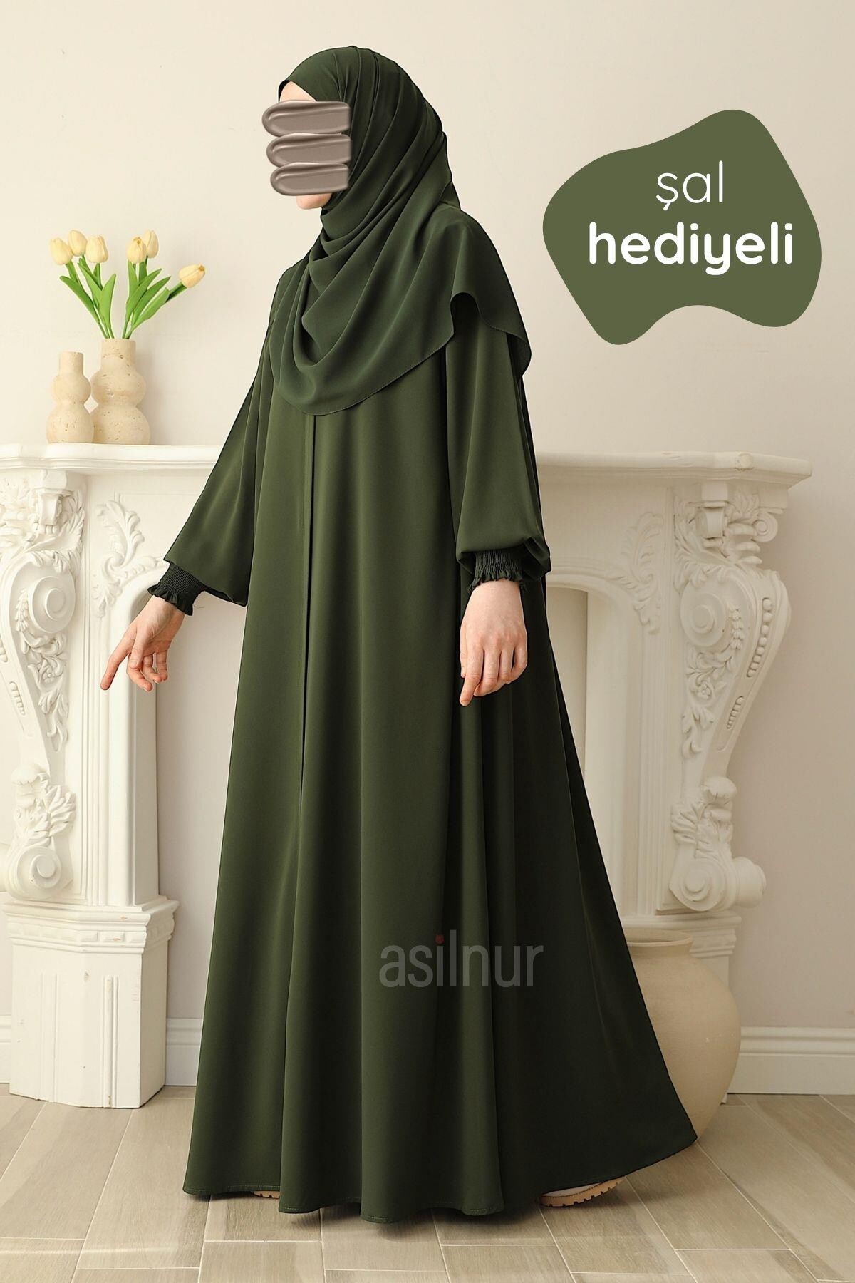 Ahsen Mevlana Ferace Şal Hediyeli Takım Haki - ASİLNUR