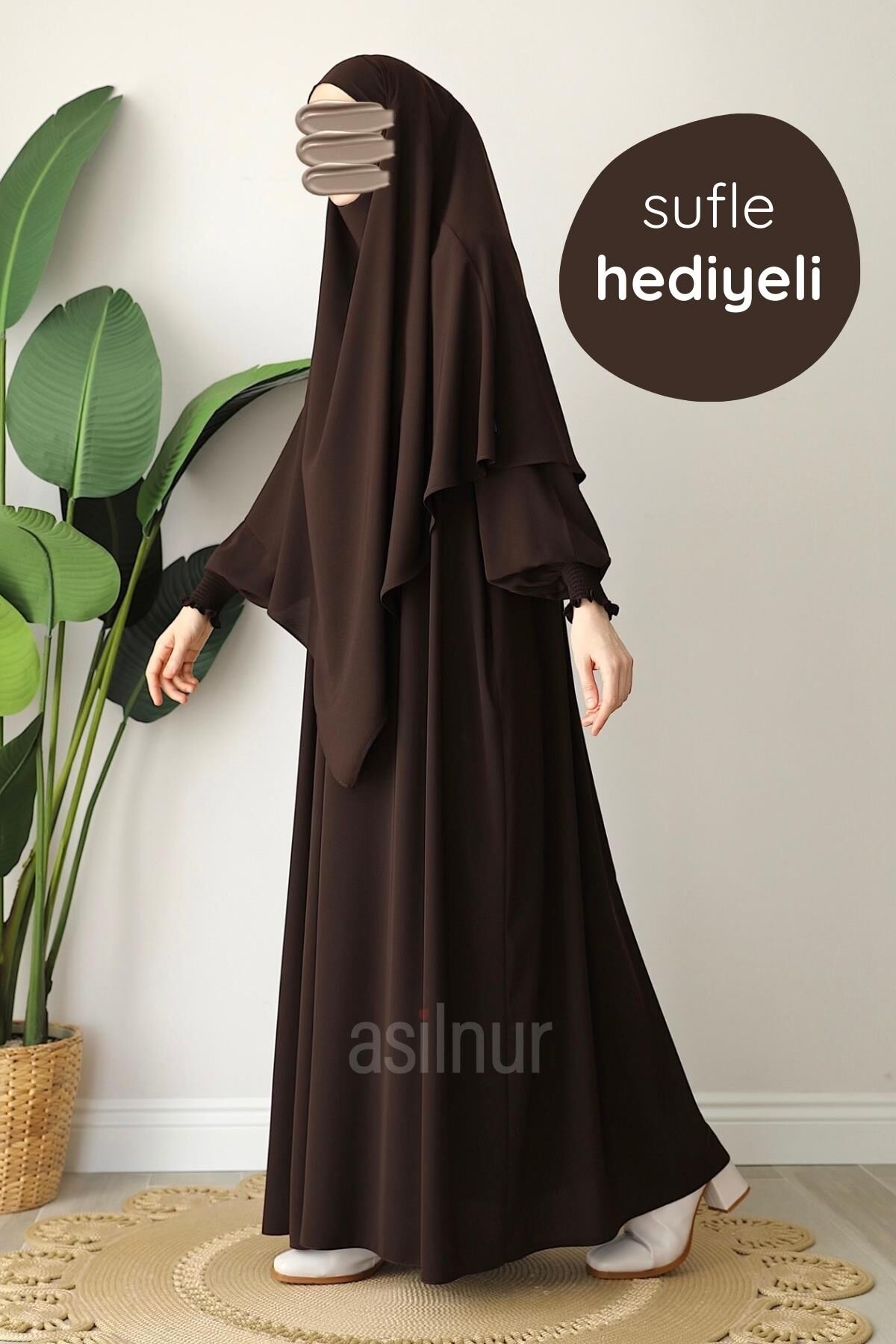 Alya Ferace Sufle Hediyeli Takım Kahverengi - 1