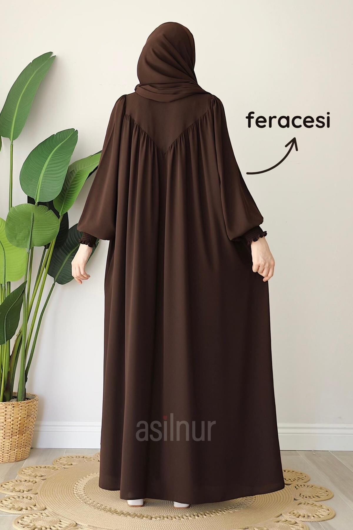 Alya Ferace Sufle Hediyeli Takım Kahverengi - 5