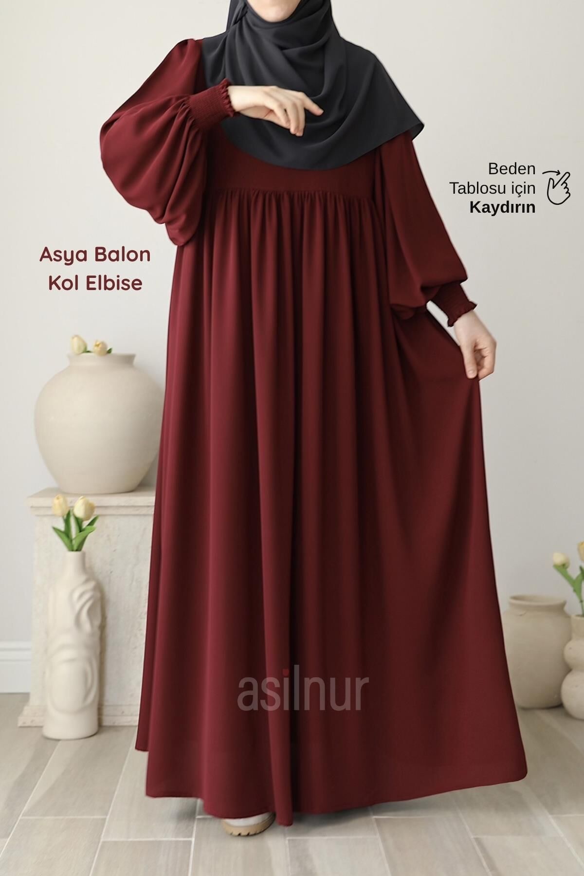 Asya Balon Kol Elbise Bordo - 1