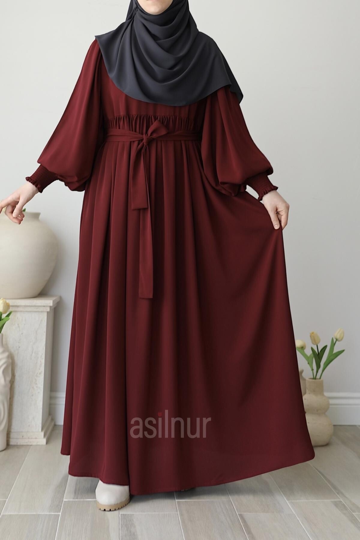 Asya Balon Kol Elbise Bordo - 3