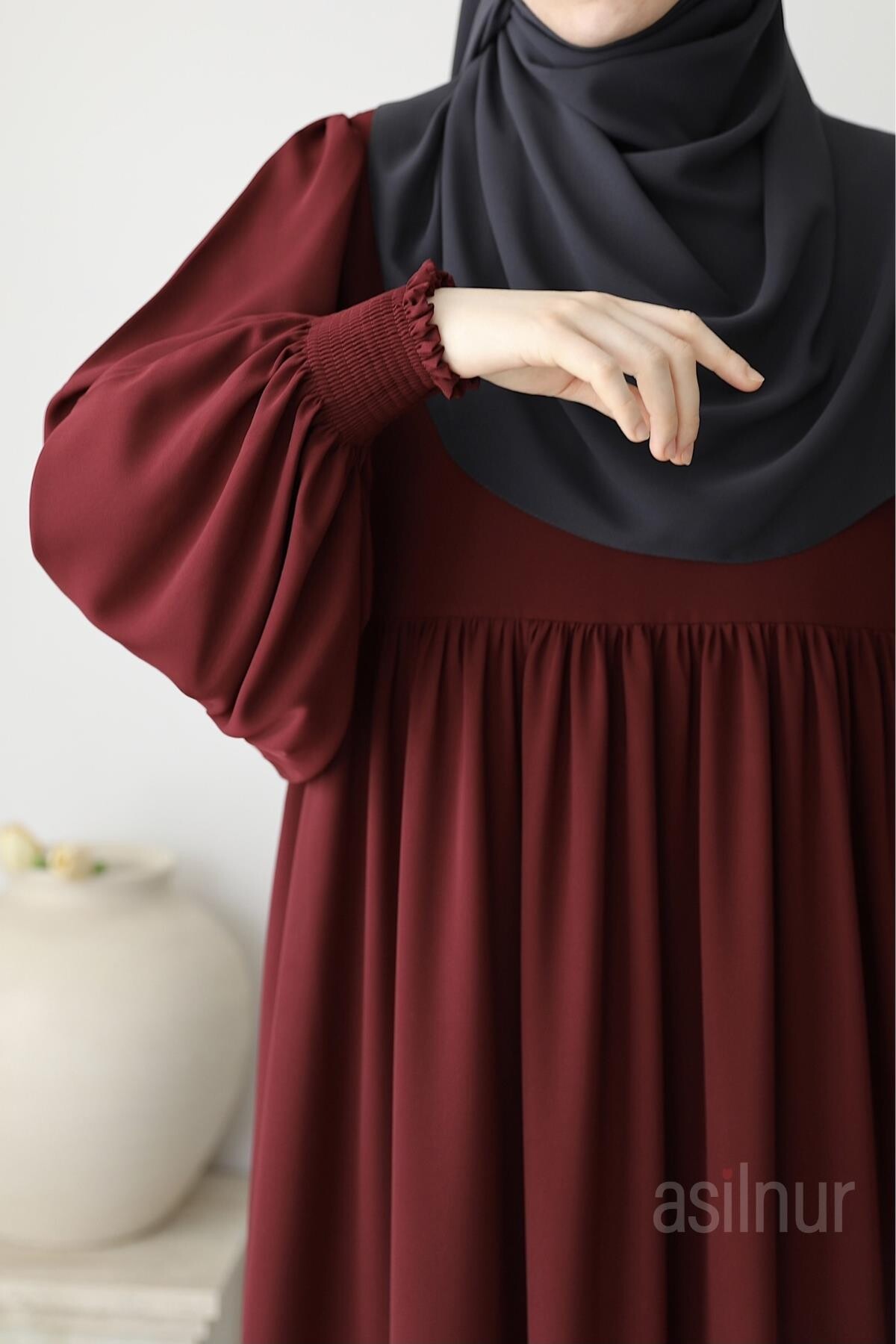 Asya Balon Kol Elbise Bordo - 4