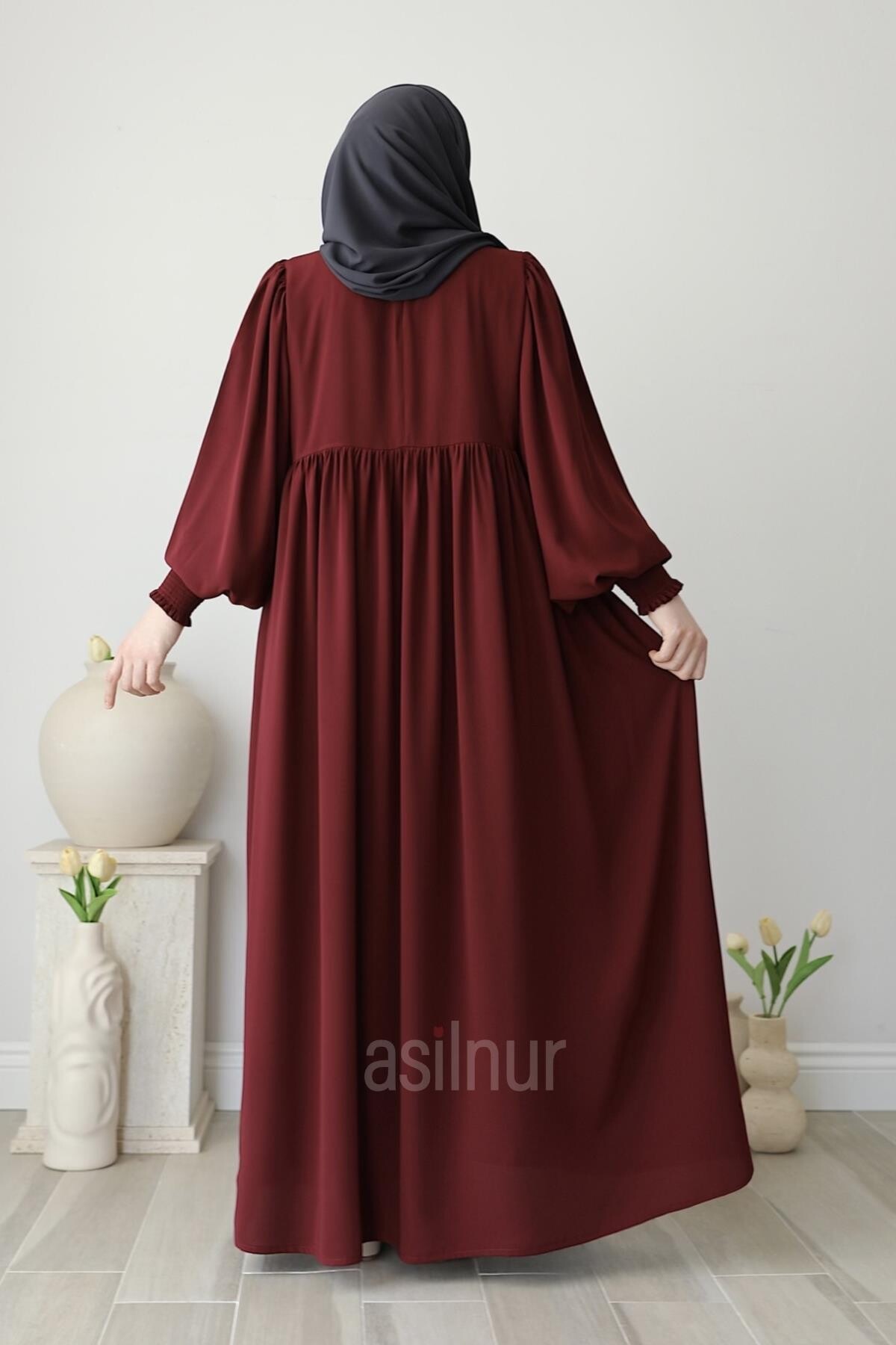 Asya Balon Kol Elbise Bordo - 5