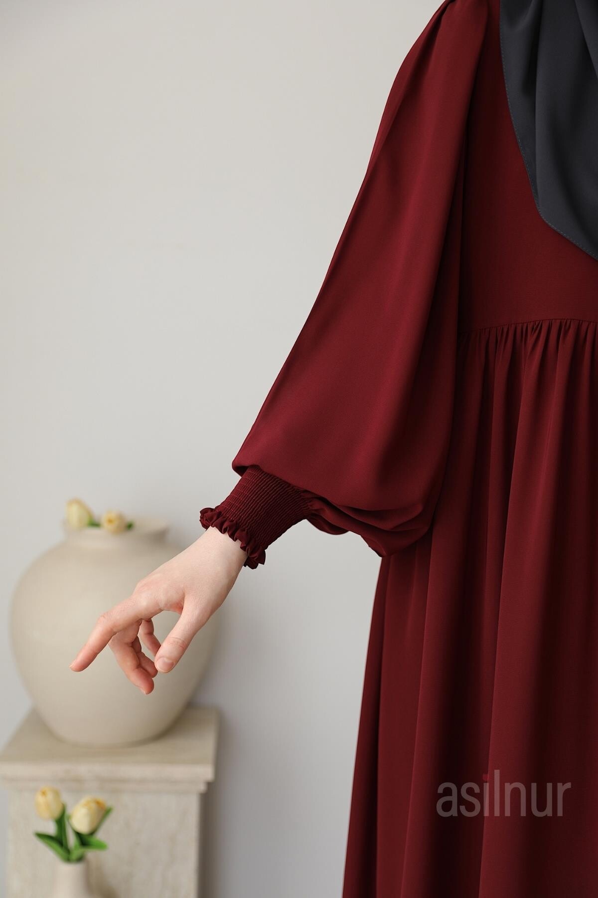 Asya Balon Kol Elbise Bordo - 8