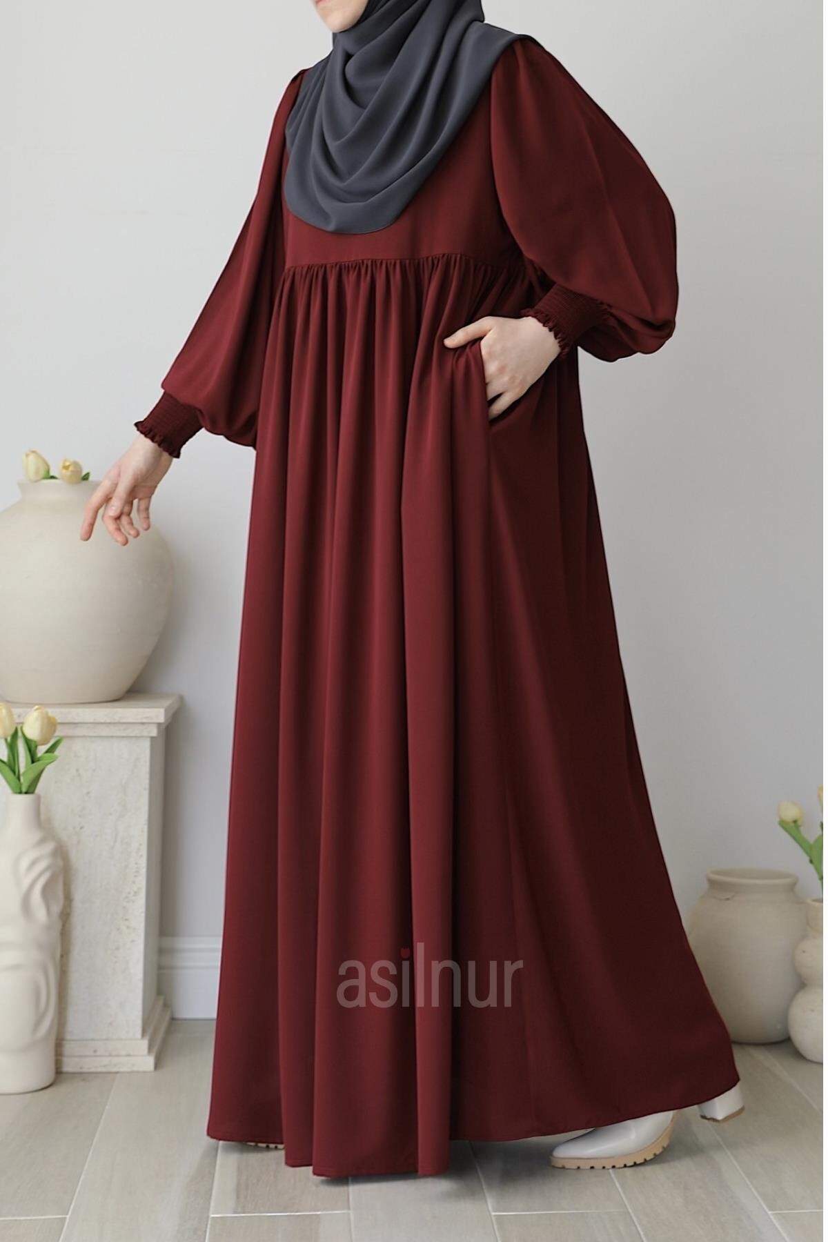 Asya Balon Kol Elbise Bordo - 9
