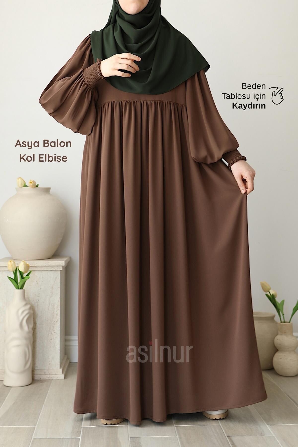 Asya Balon Kol Elbise Camel 