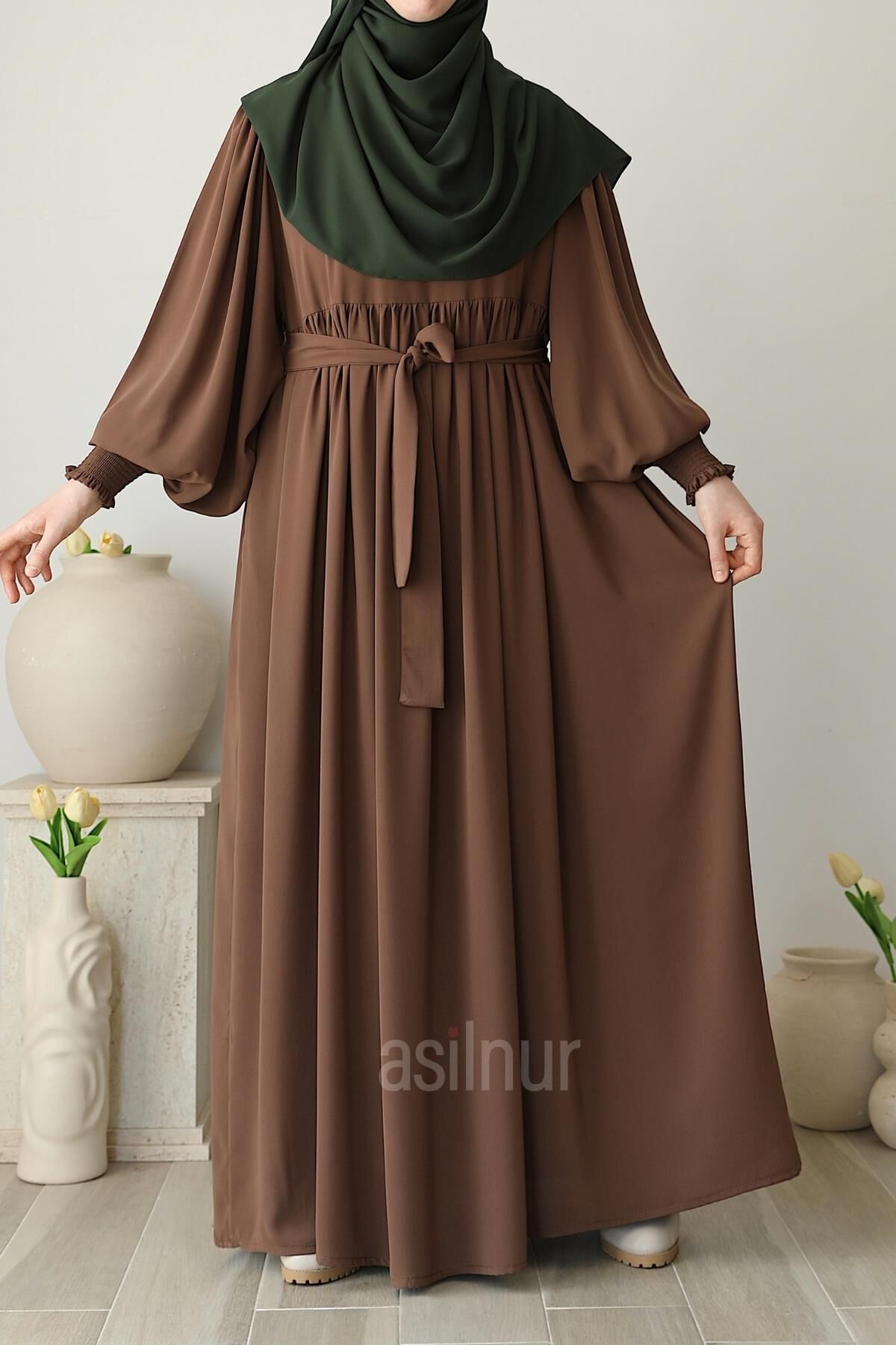 Asya Balon Kol Elbise Camel - 5
