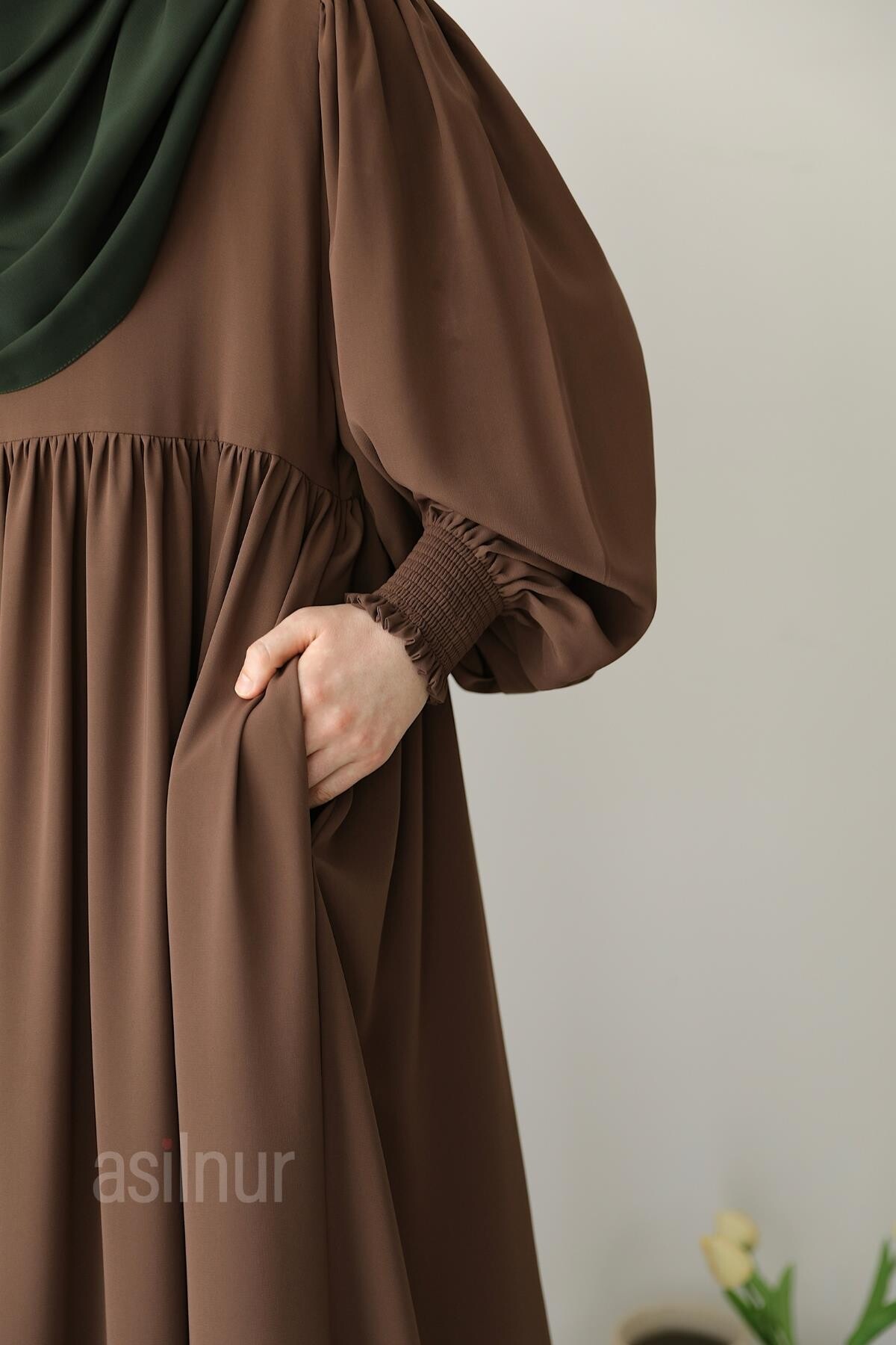 Asya Balon Kol Elbise Camel - 8