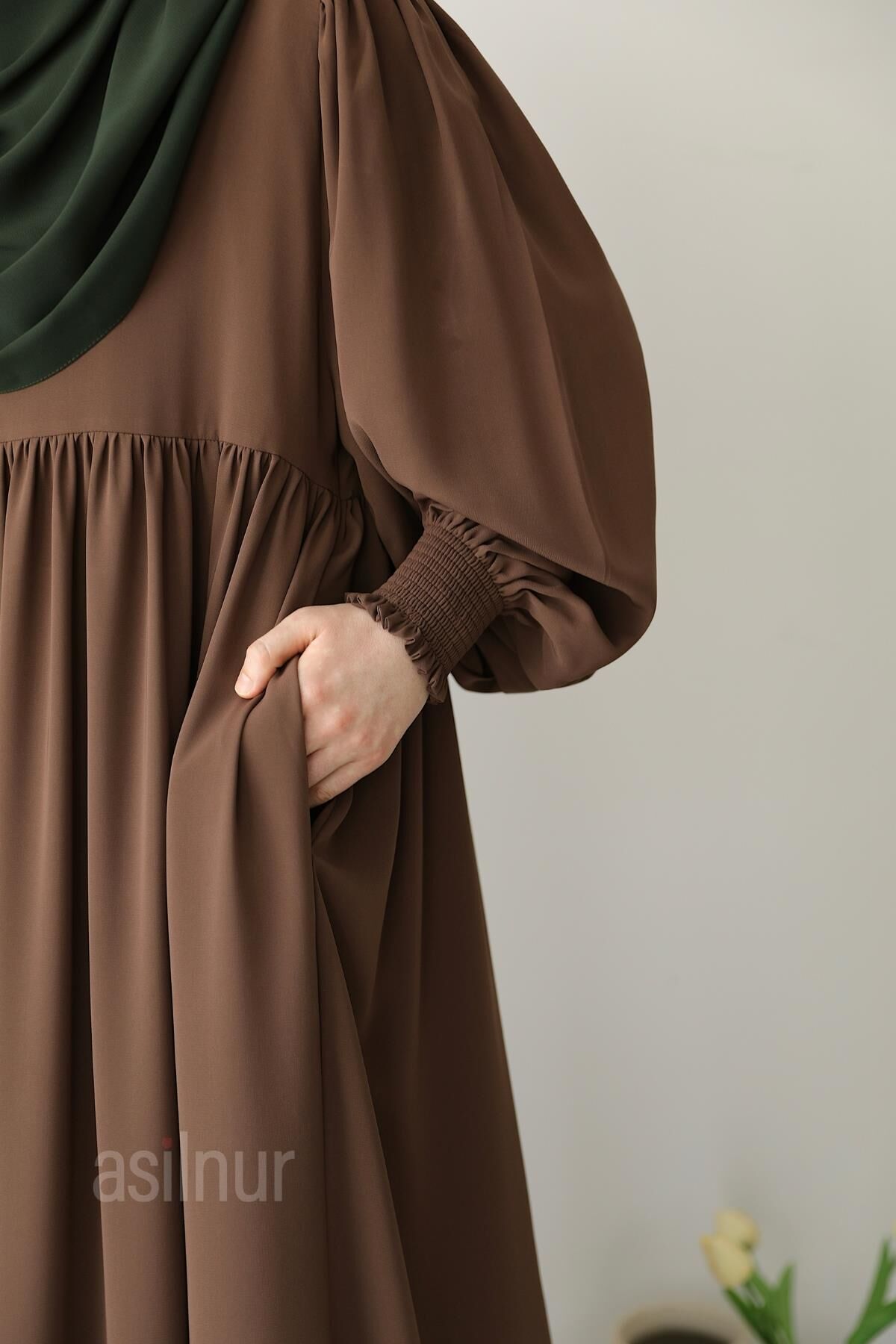 Asya Balon Kol Elbise Camel - 8