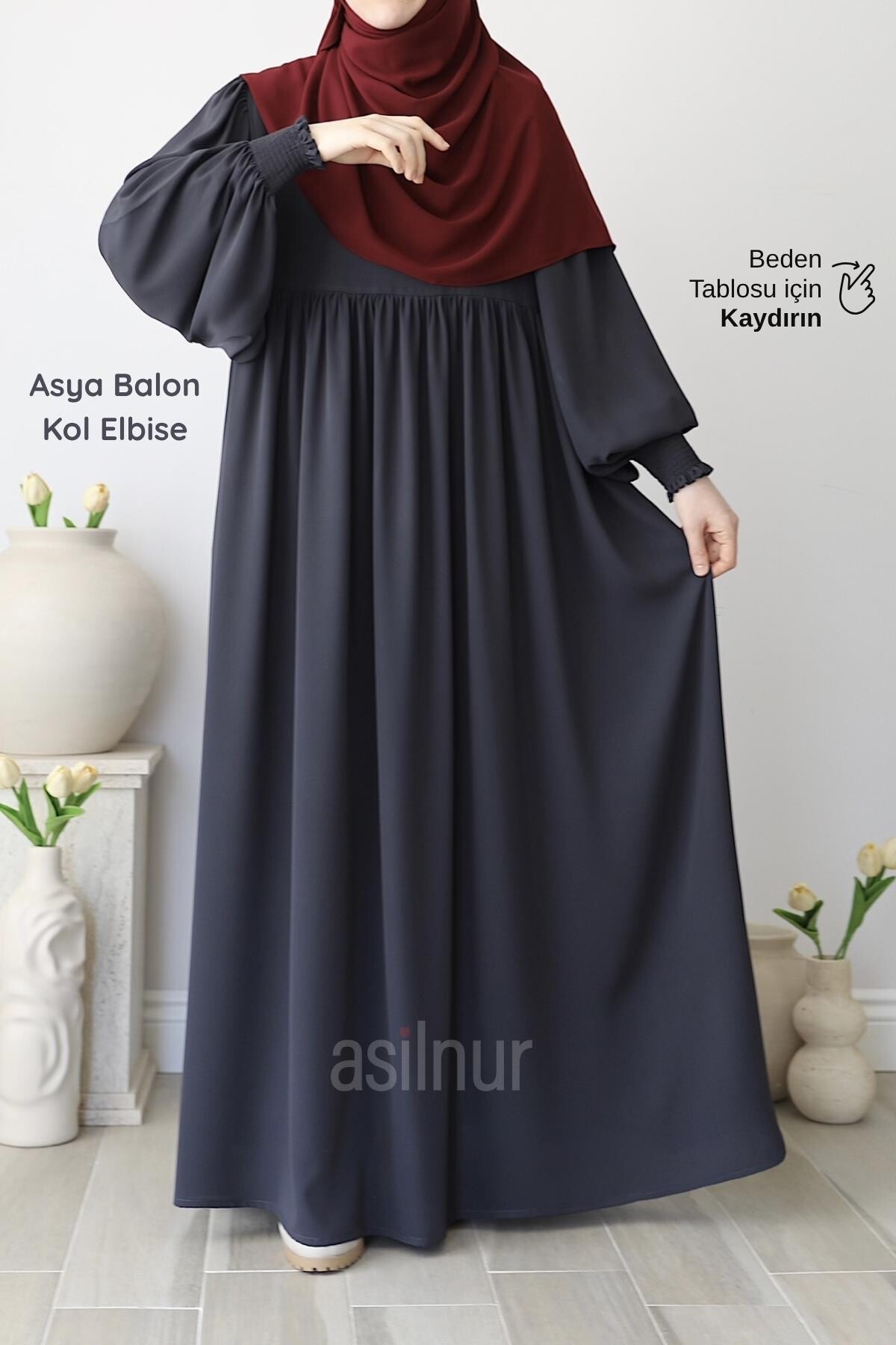 Asya Balon Kol Elbise Füme 
