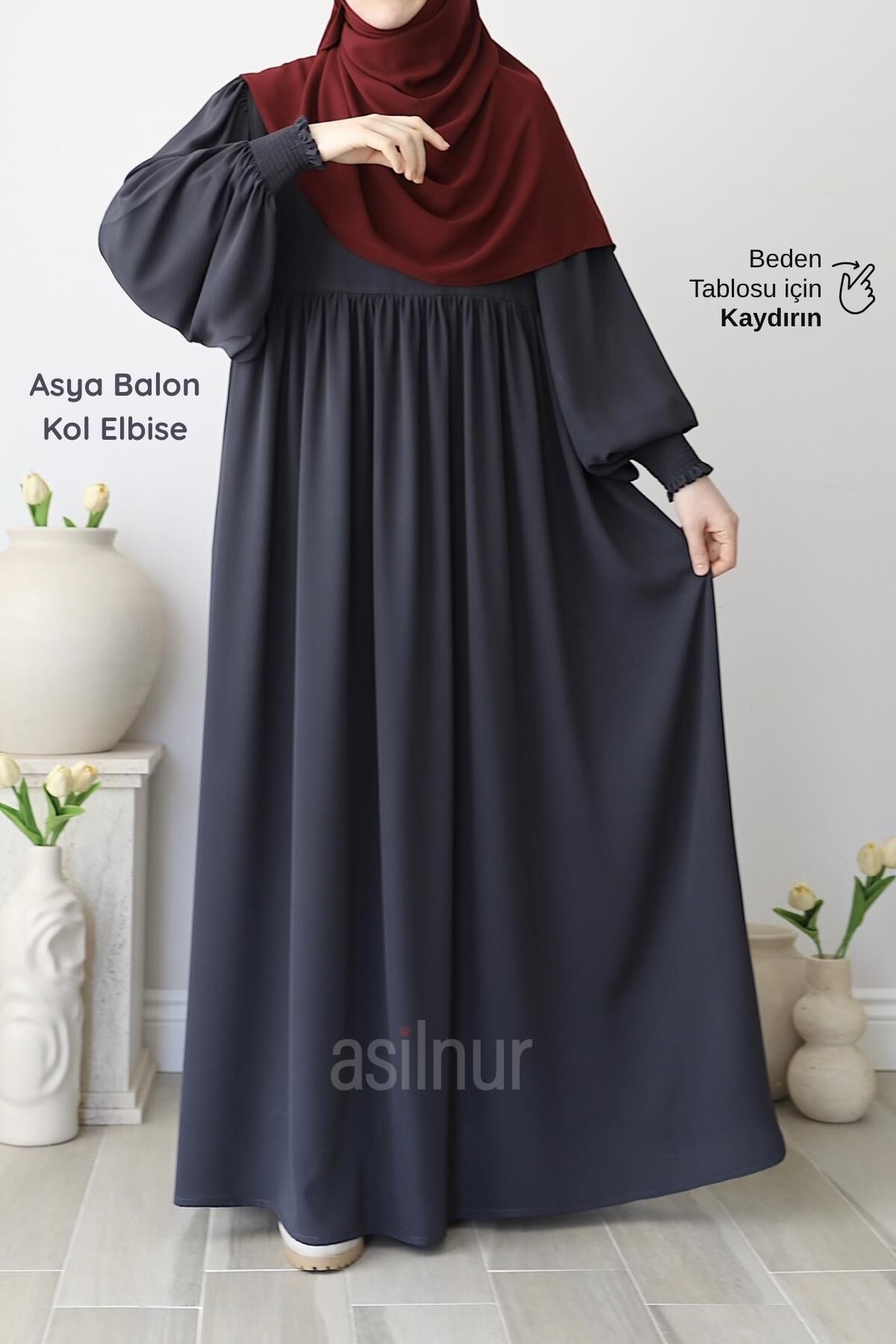 Asya Balon Kol Elbise Füme - 1