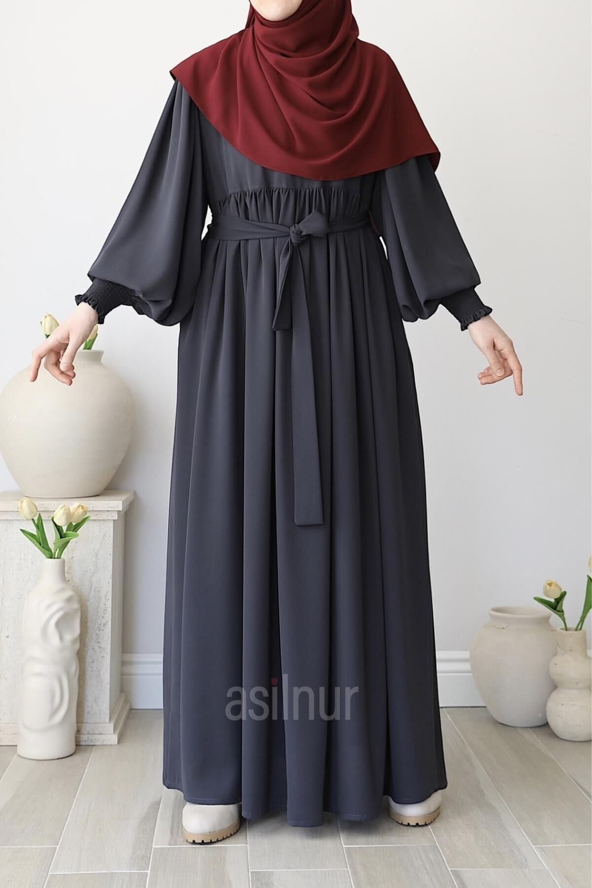 Asya Balon Kol Elbise Füme - 3