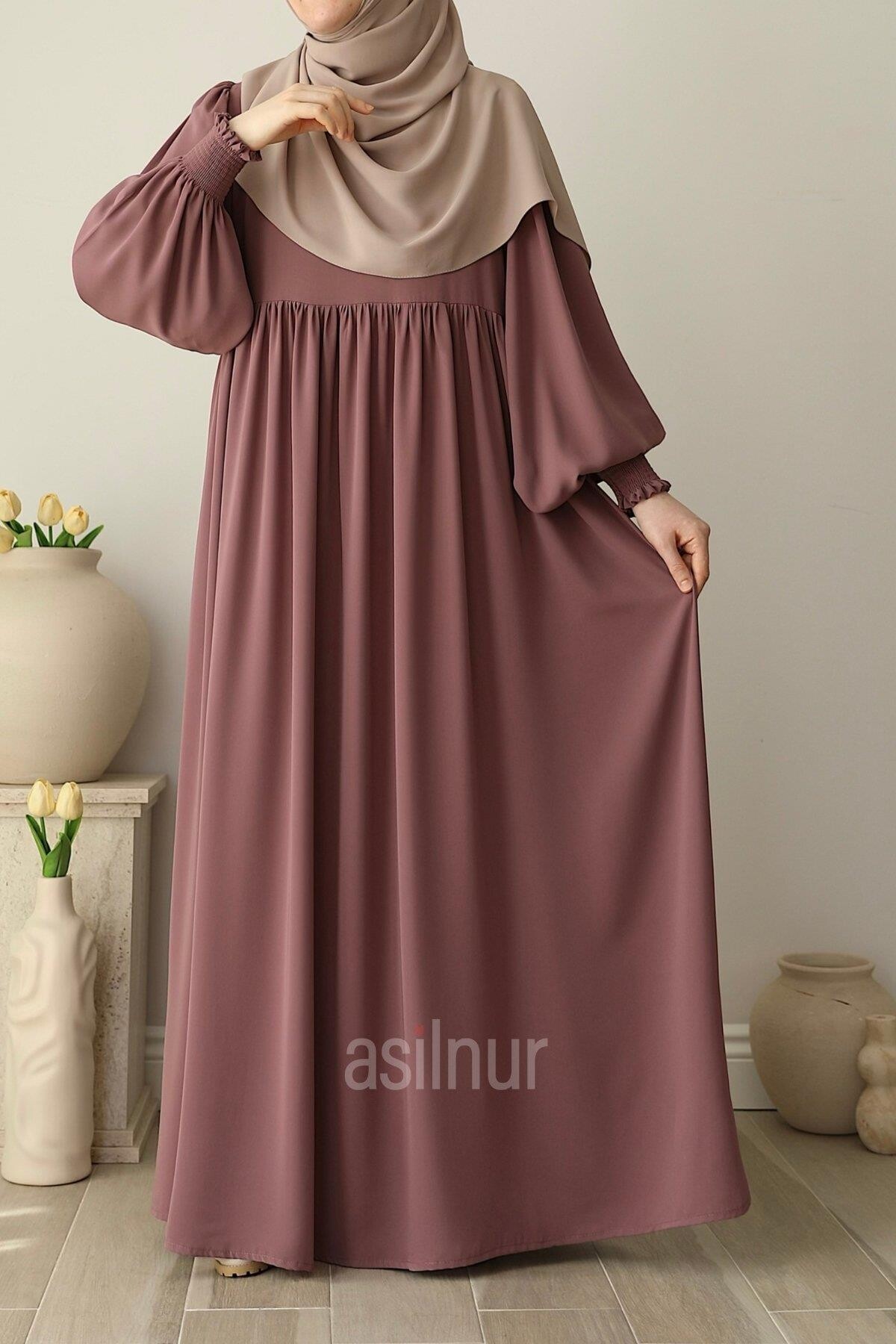 Asya Balon Kol Elbise Gül Kurusu - ASİLNUR