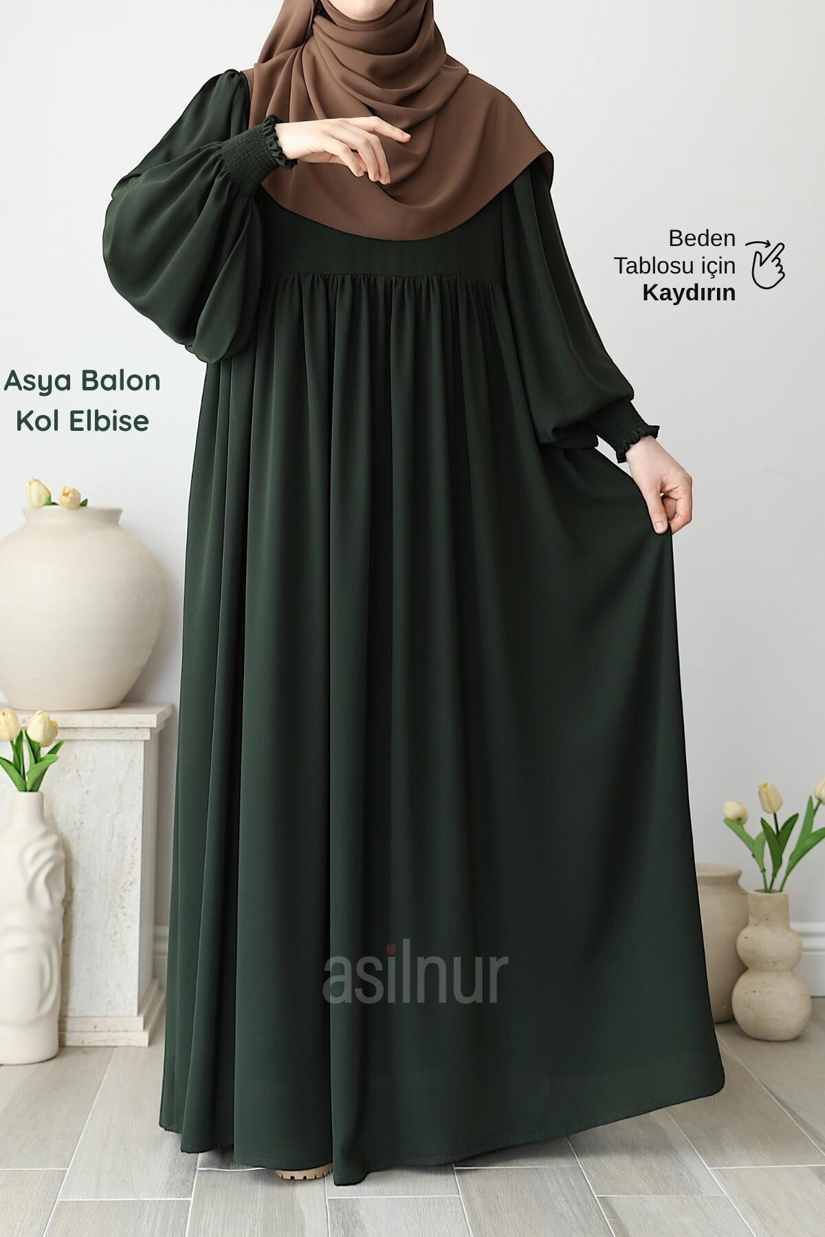 Asya Balon Kol Elbise Haki - ASİLNUR