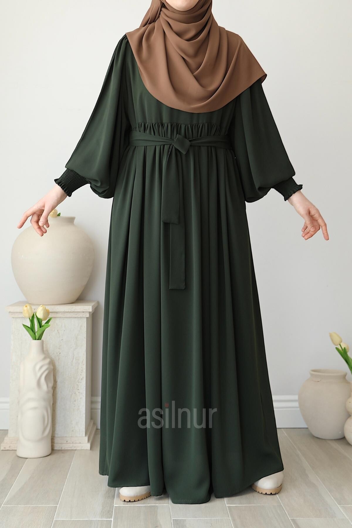 Asya Balon Kol Elbise Haki - 6