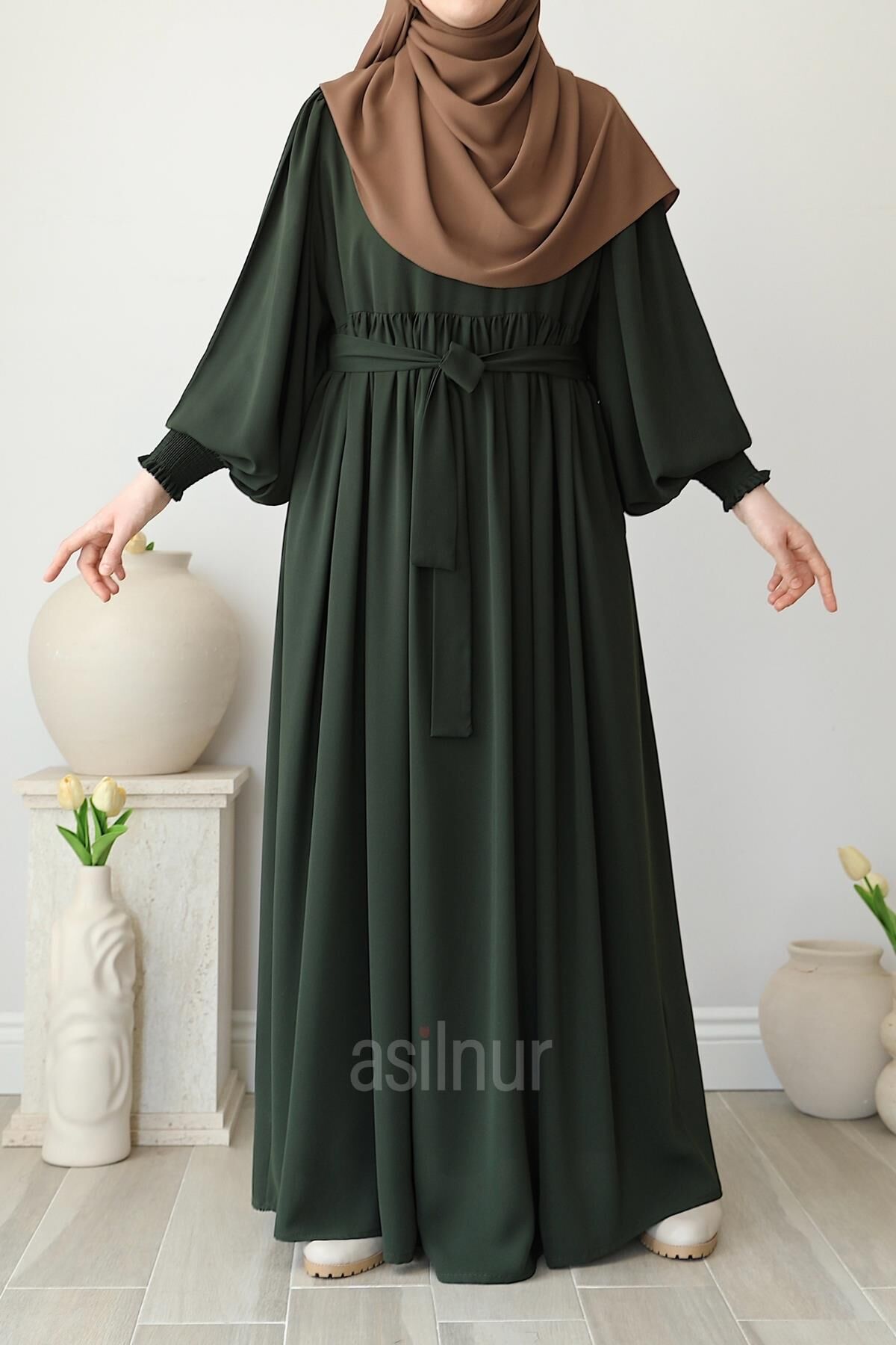 Asya Balon Kol Elbise Haki - 6