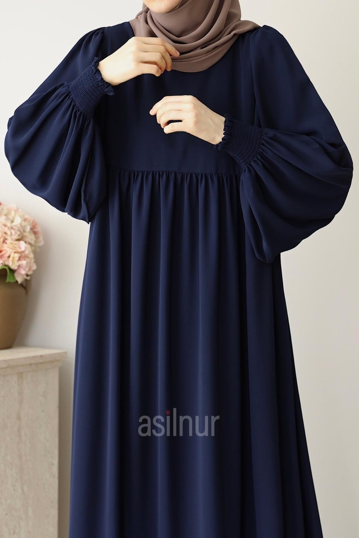 Asya Balon Kol Elbise Lacivert - 5