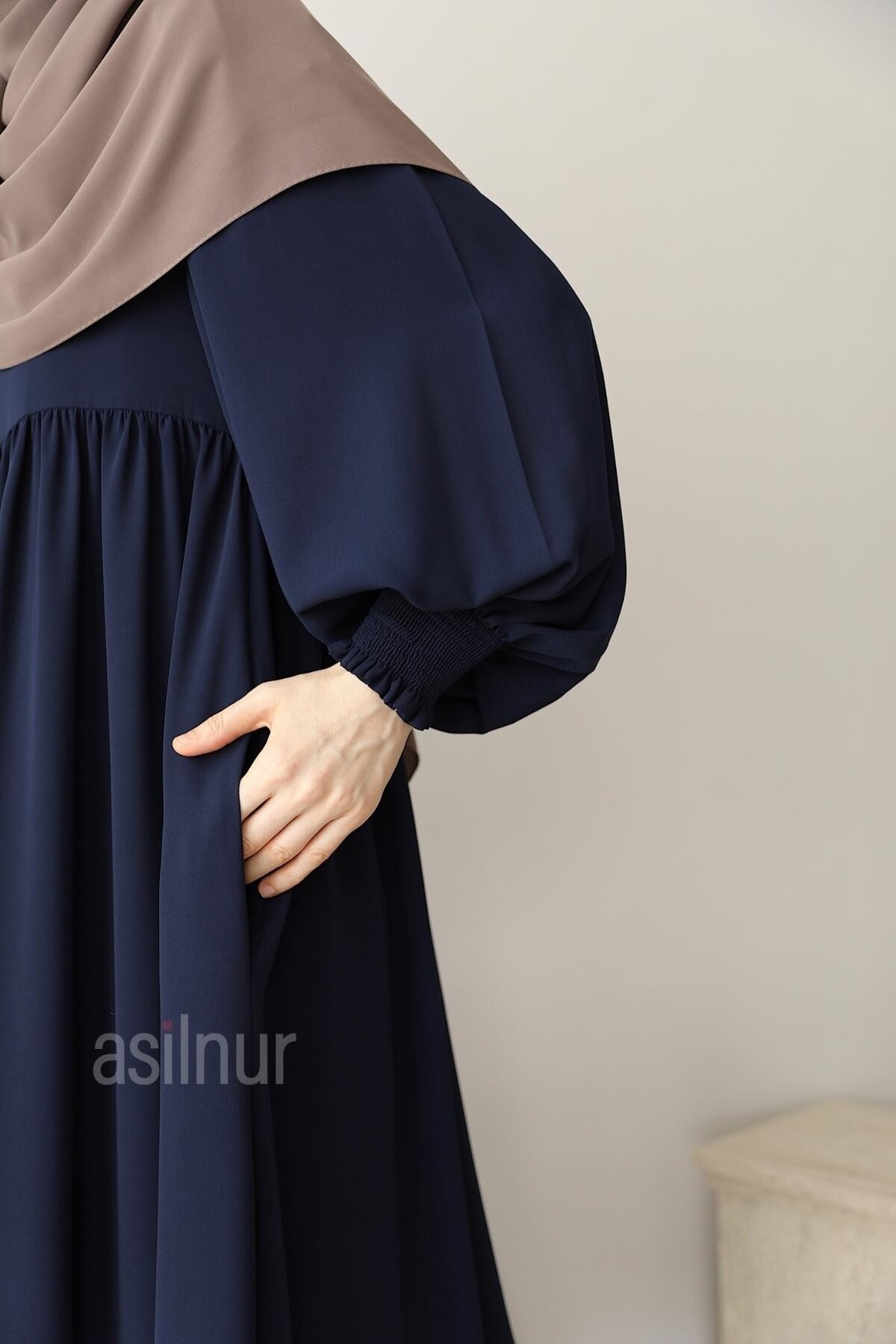 Asya Balon Kol Elbise Lacivert - 7
