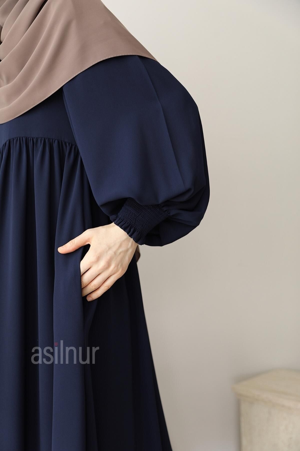 Asya Balon Kol Elbise Lacivert - 7