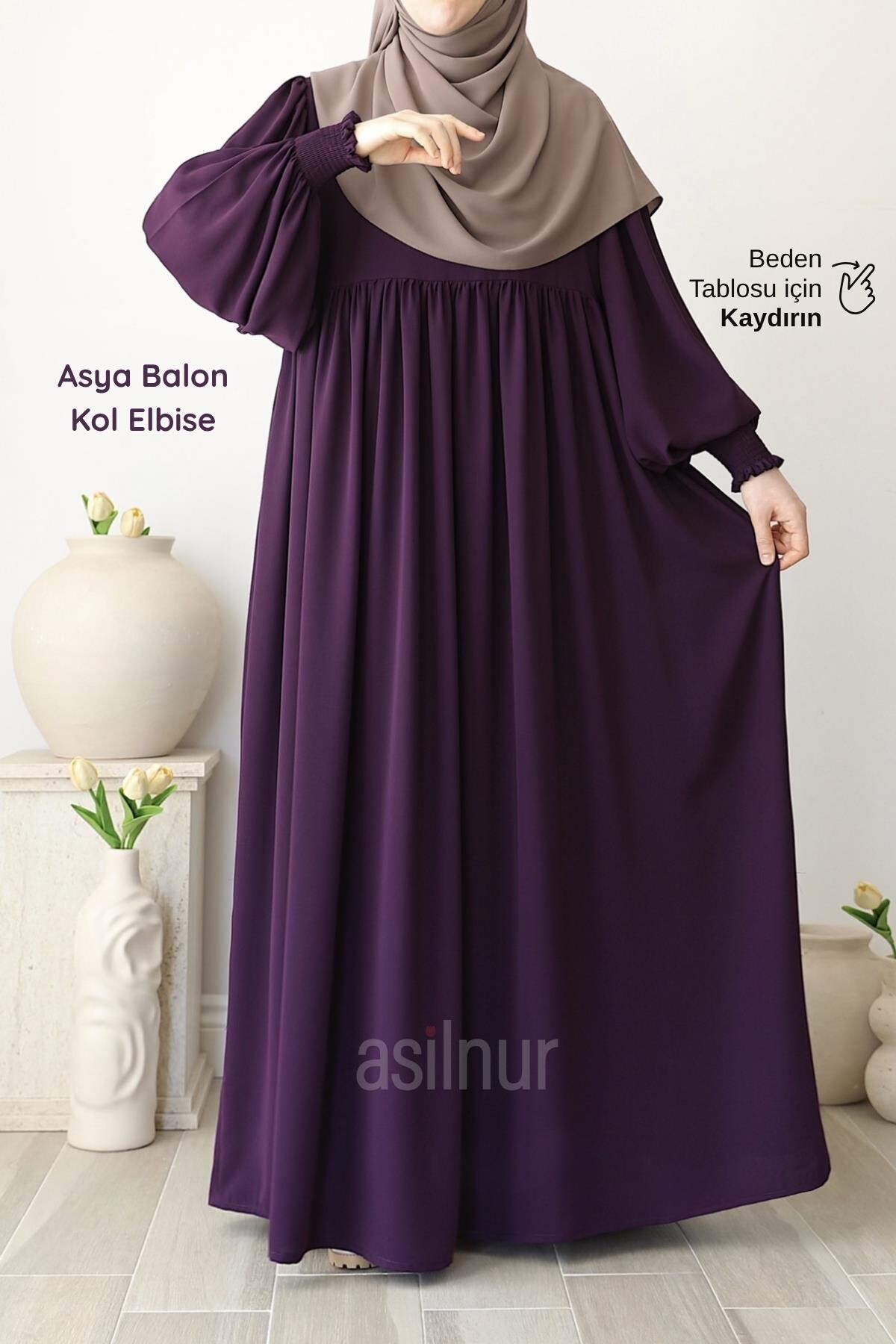 Asya Balon Kol Elbise Mürdüm 