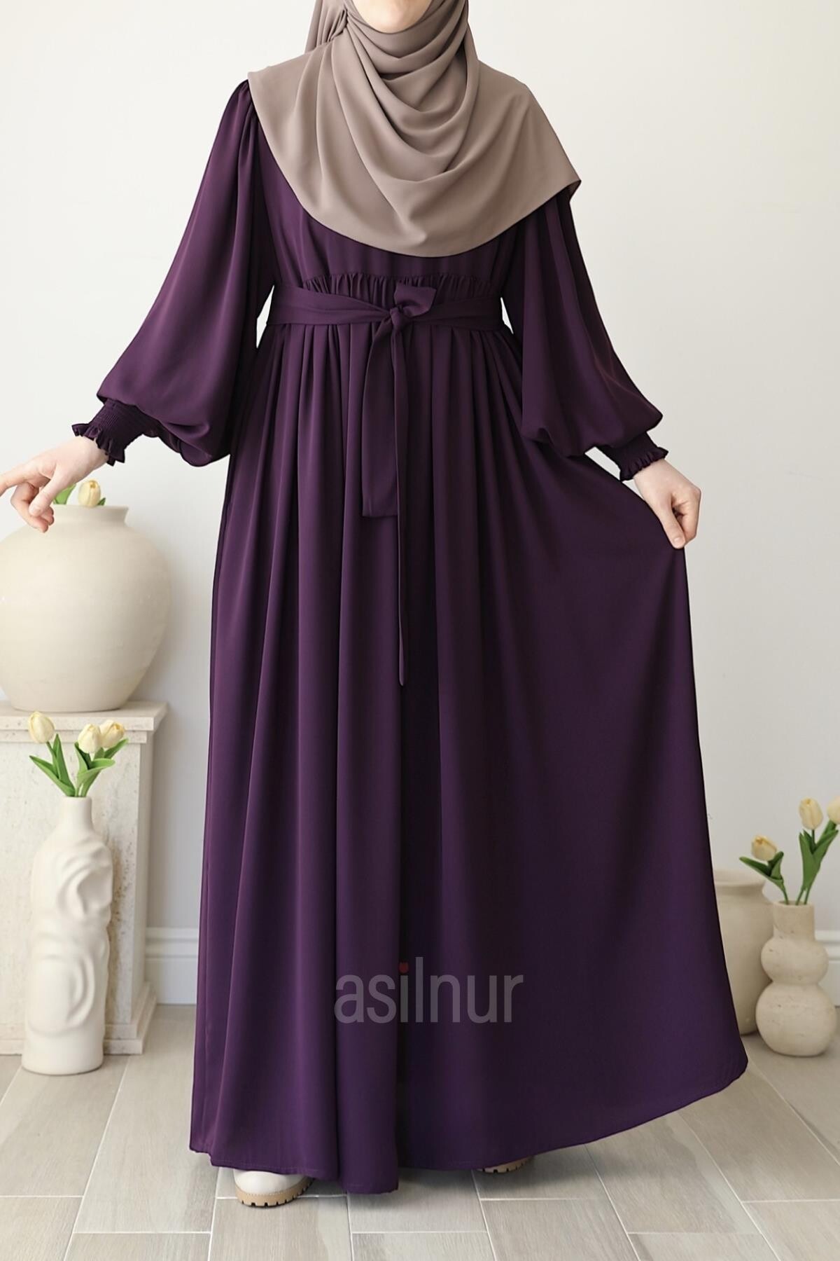 Asya Balon Kol Elbise Mürdüm - 3