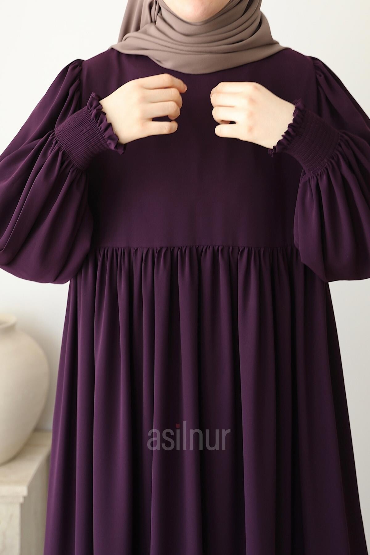 Asya Balon Kol Elbise Mürdüm - 5