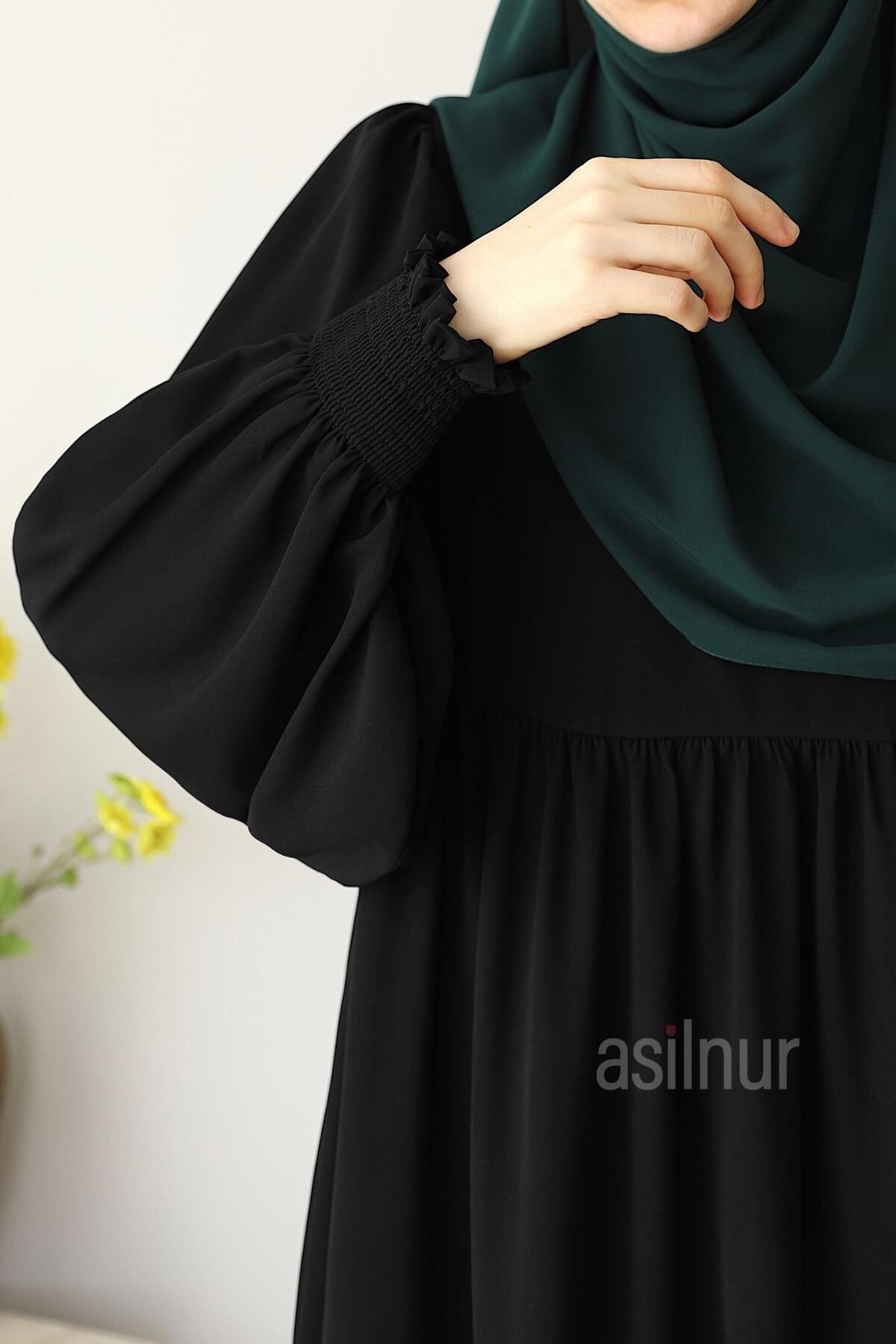 Asya Balon Kol Elbise Siyah - 4