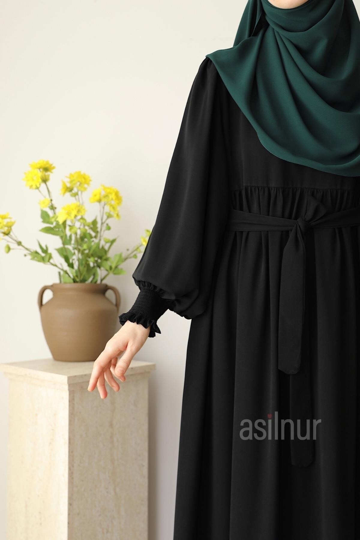 Asya Balon Kol Elbise Siyah - 6