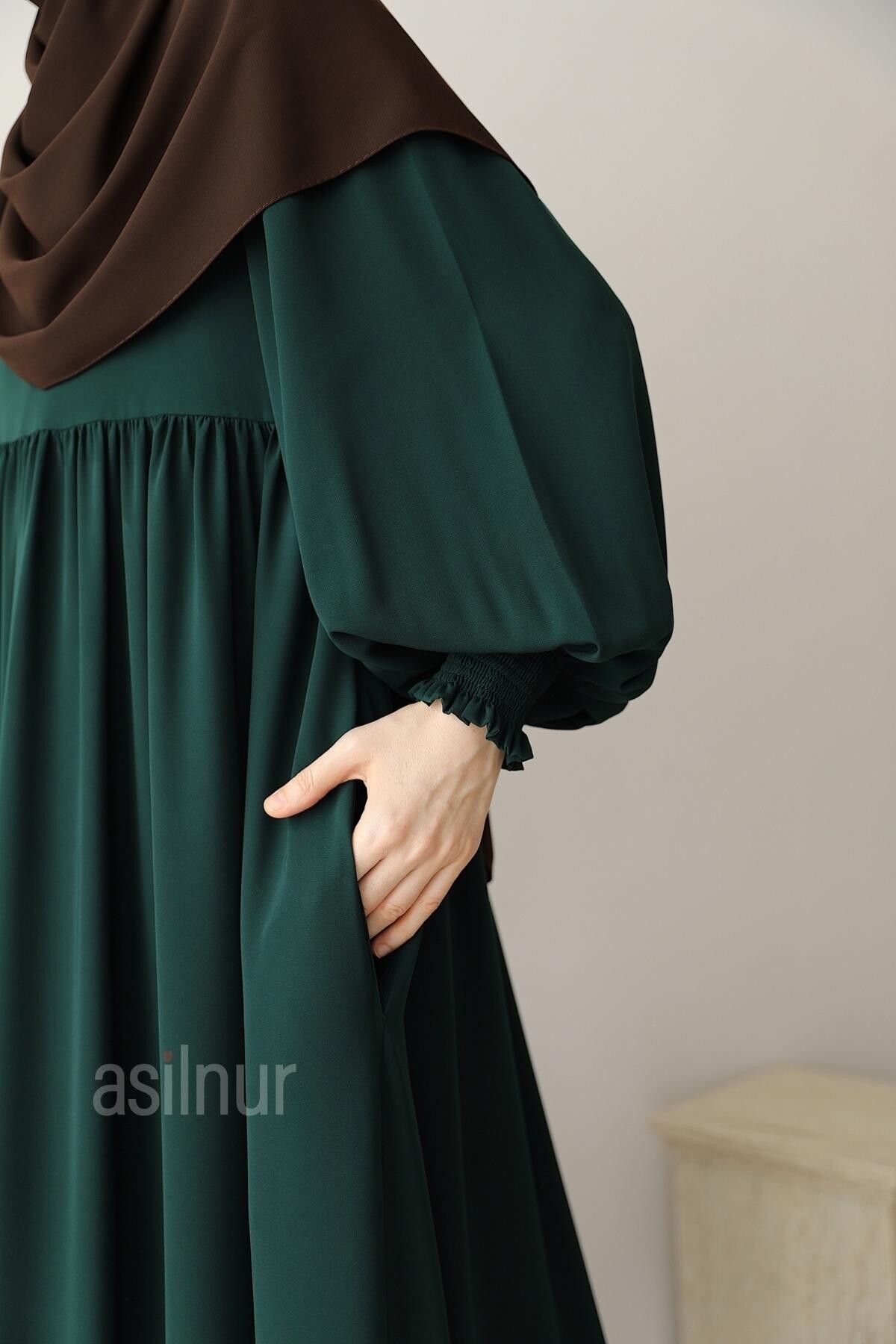 Asya Balon Kol Elbise Zümrüt Yeşili - 3