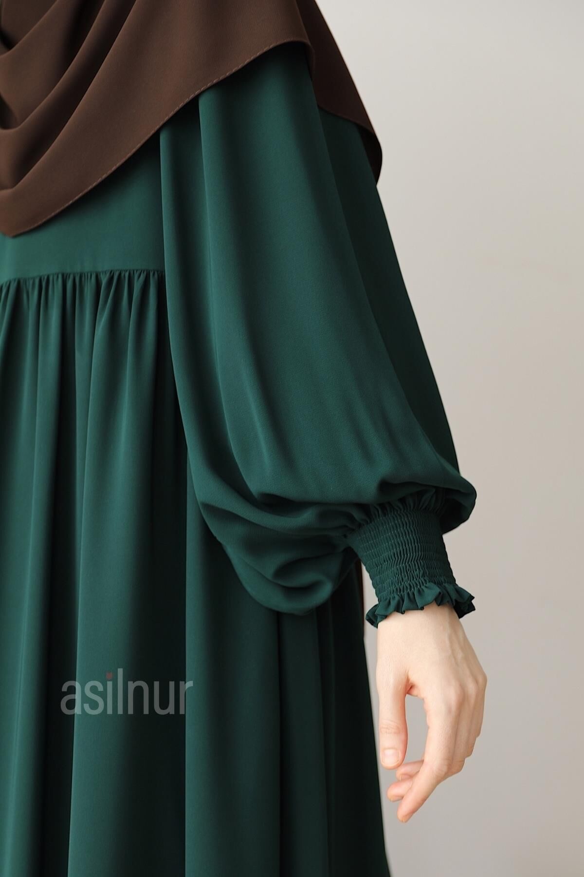 Asya Balon Kol Elbise Zümrüt Yeşili - 7