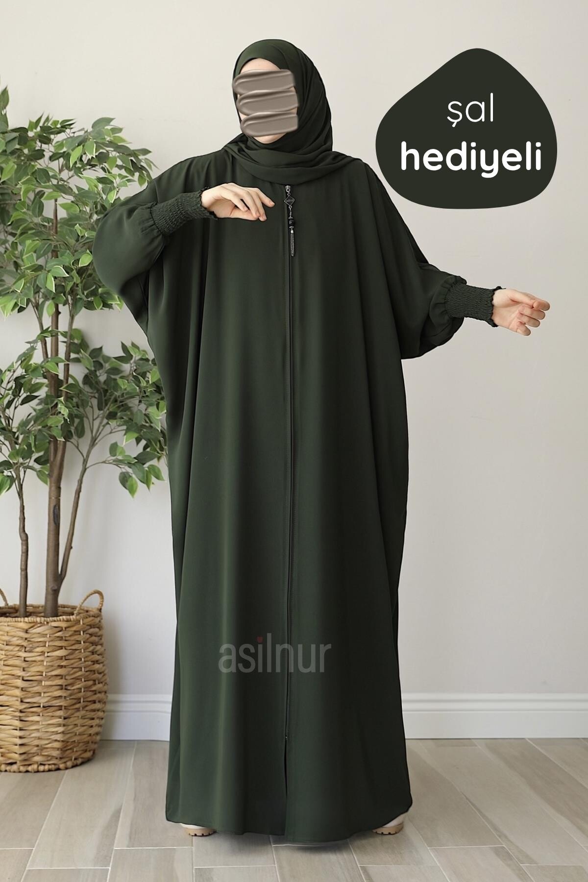 Ebru Yarasa Kollu Ferace Şal Hediyeli Takım Haki - ASİLNUR