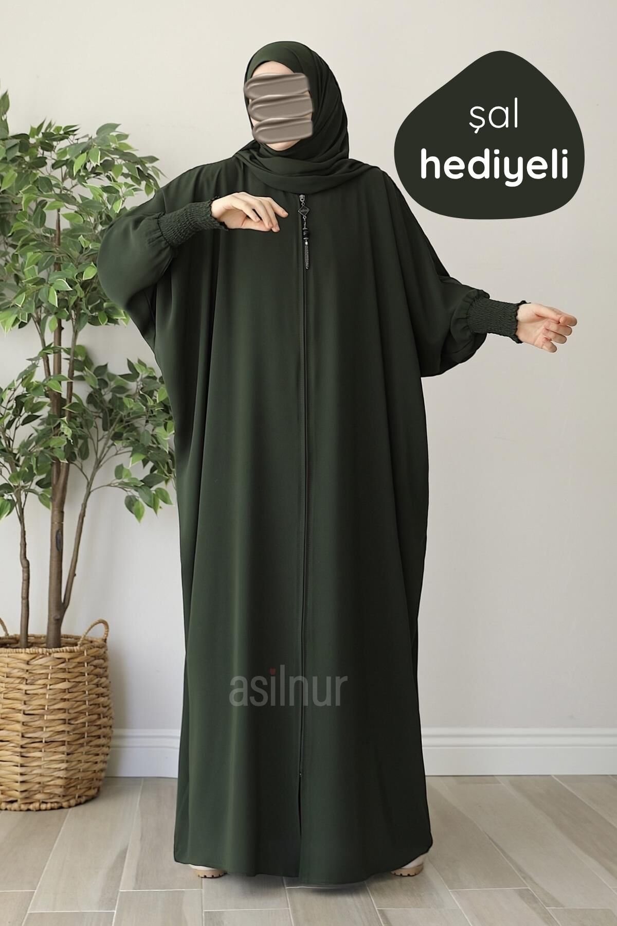 Ebru Yarasa Kollu Ferace Şal Hediyeli Takım Haki - 1