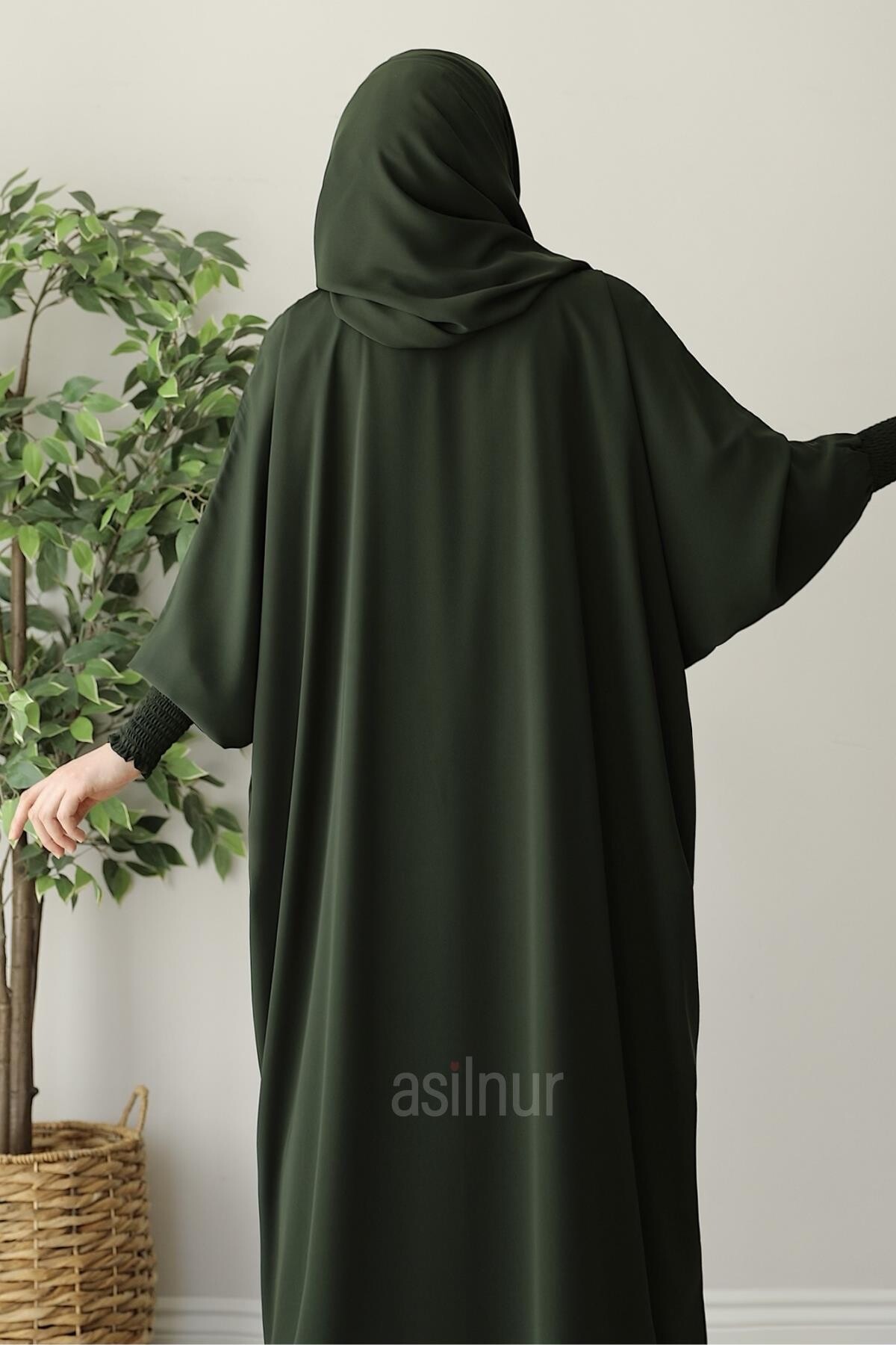 Ebru Yarasa Kollu Ferace Şal Hediyeli Takım Haki - 3