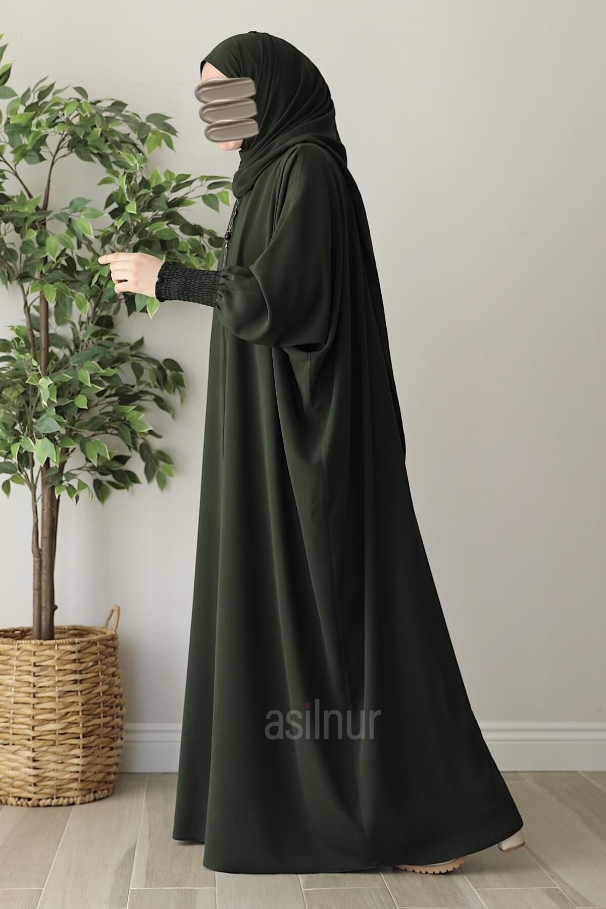 Ebru Yarasa Kollu Ferace Şal Hediyeli Takım Haki - 4