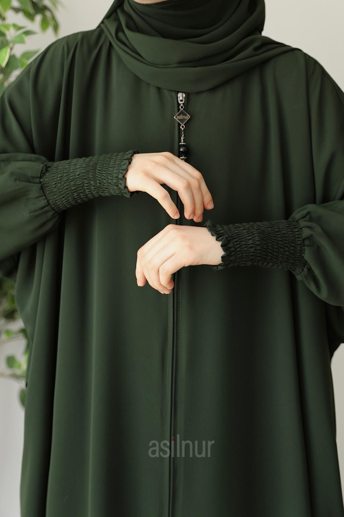 Ebru Yarasa Kollu Ferace Şal Hediyeli Takım Haki - 5