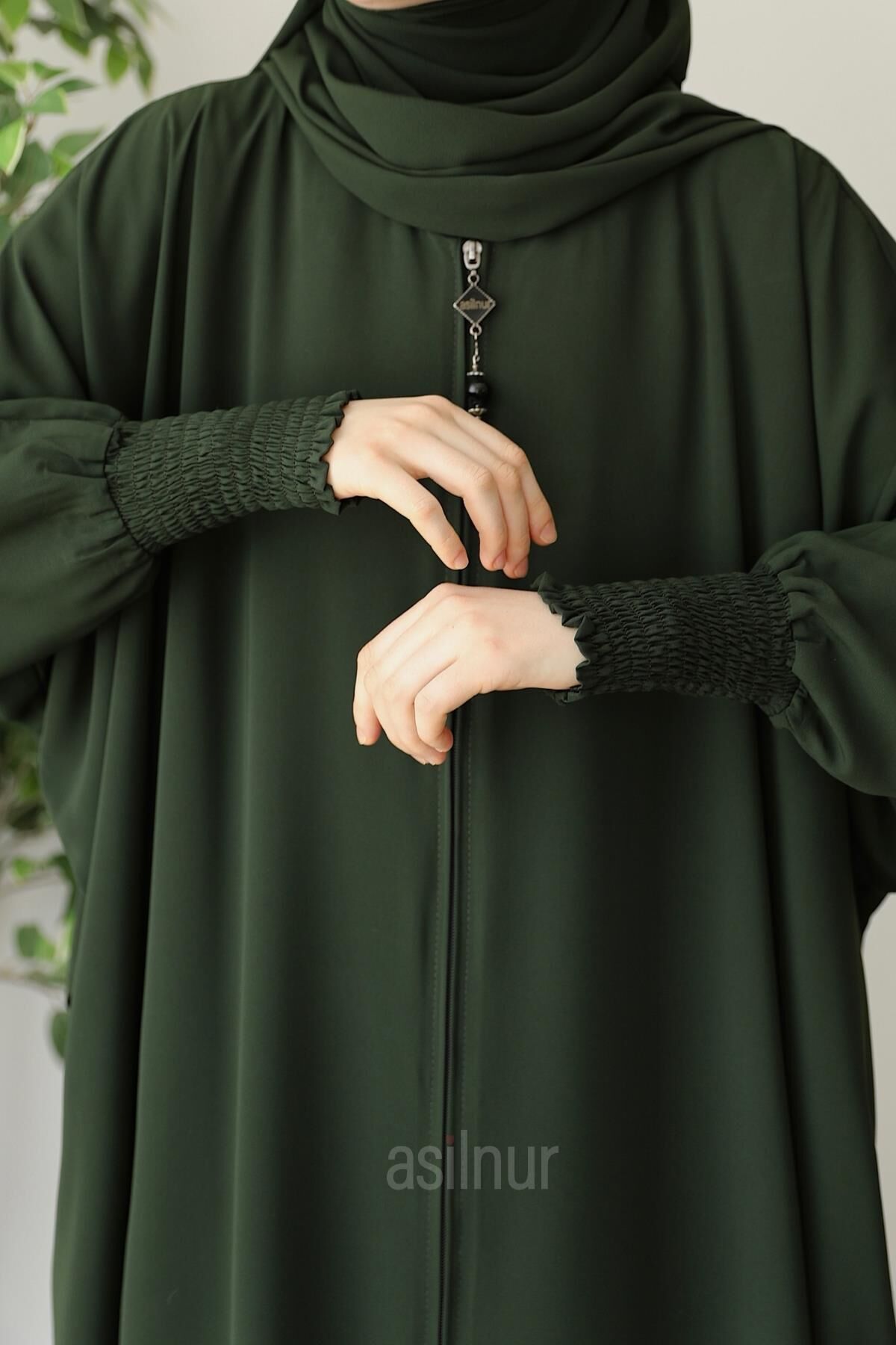 Ebru Yarasa Kollu Ferace Şal Hediyeli Takım Haki - 5