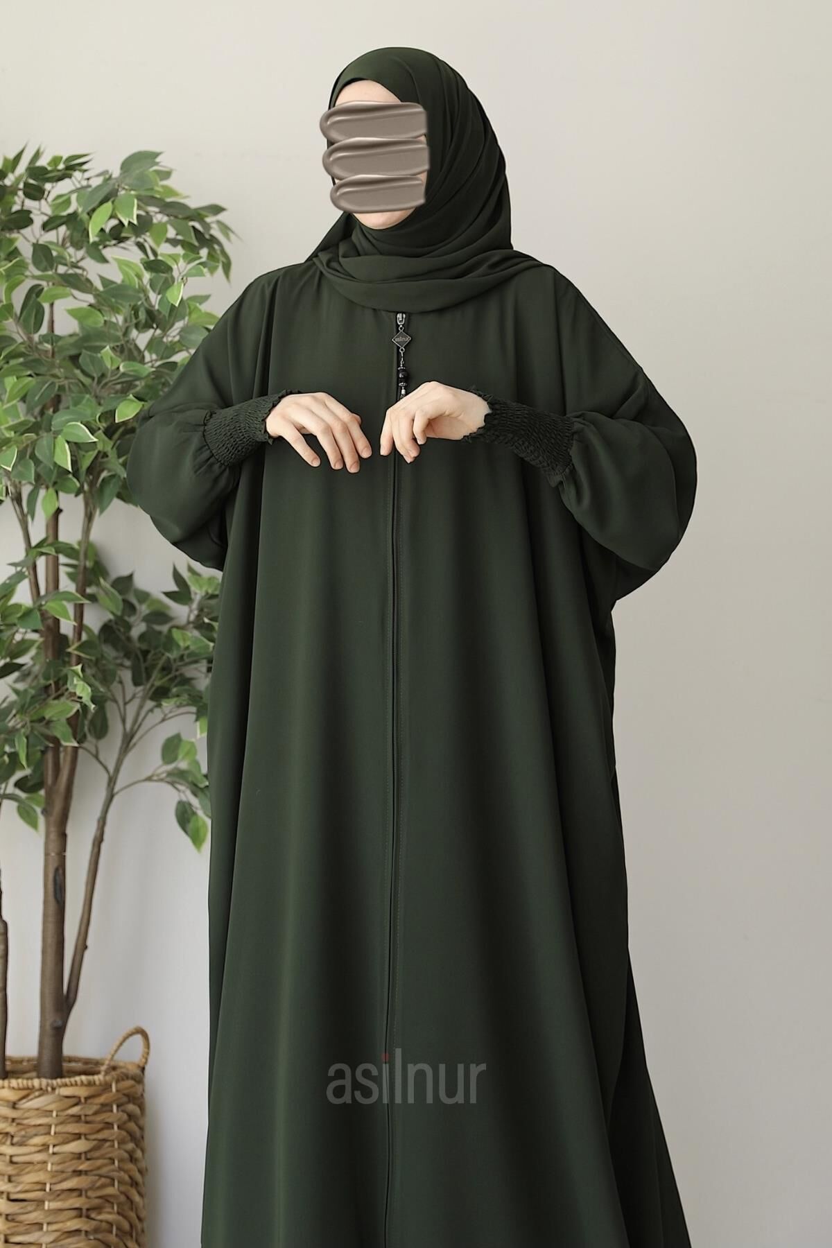 Ebru Yarasa Kollu Ferace Şal Hediyeli Takım Haki - 6