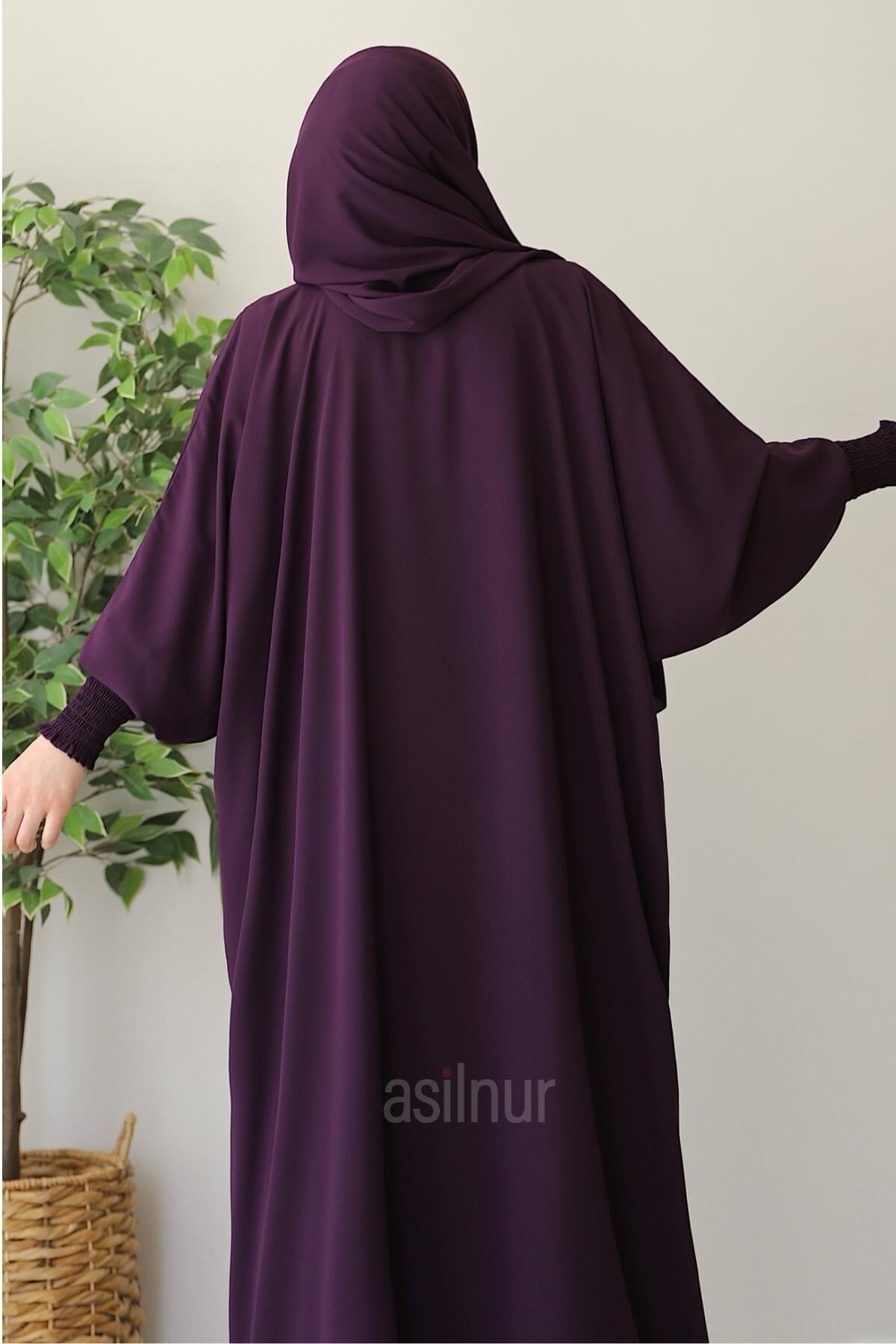 Ebru Yarasa Kollu Ferace Şal Hediyeli Takım Mürdüm - 3