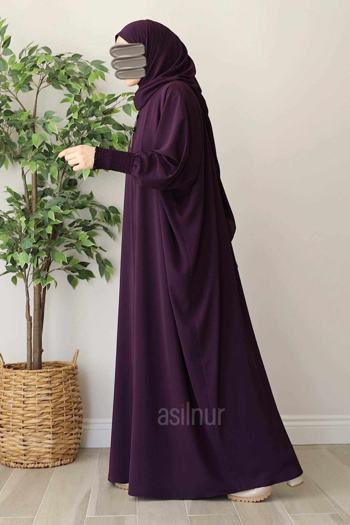 Ebru Yarasa Kollu Ferace Şal Hediyeli Takım Mürdüm - 4