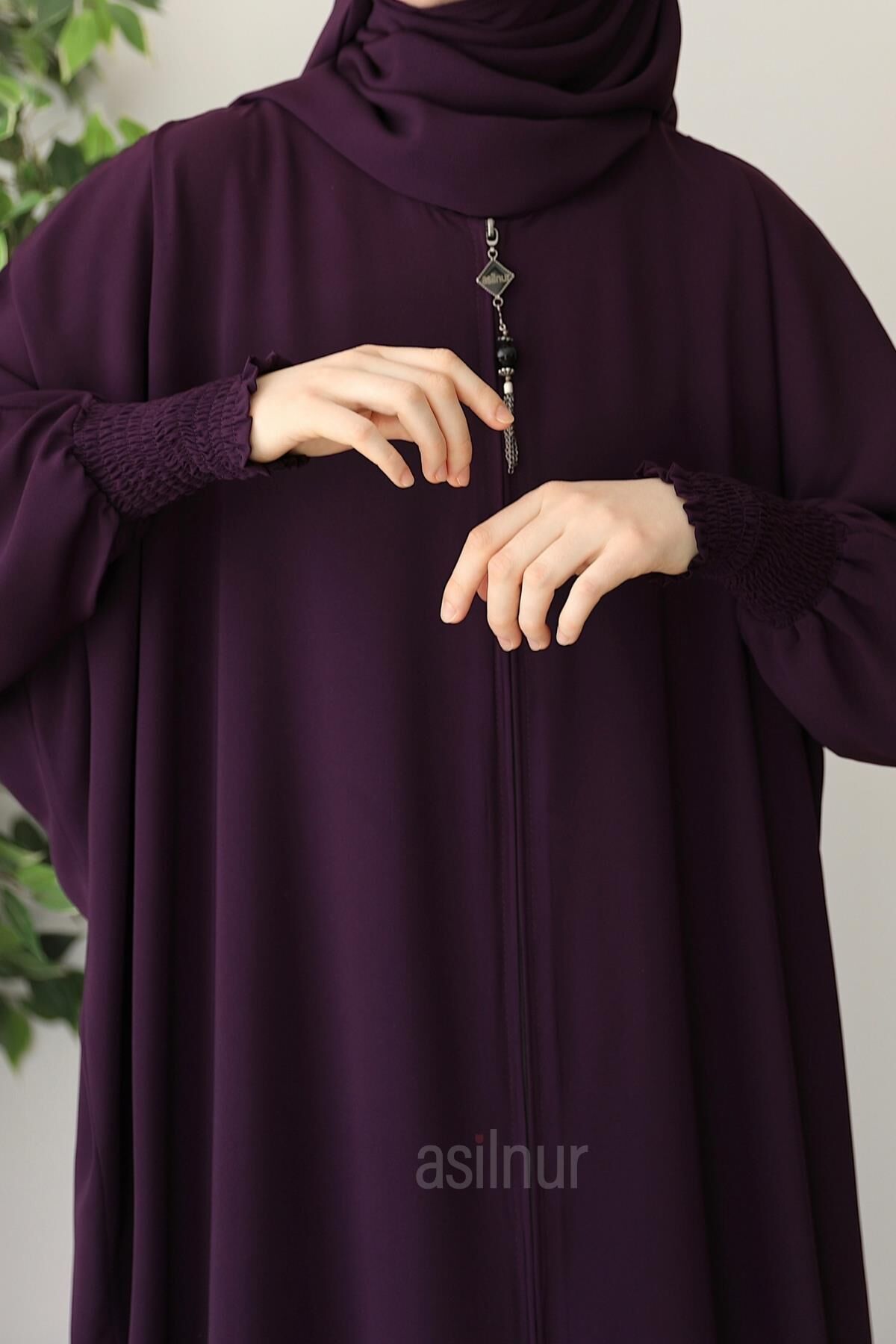 Ebru Yarasa Kollu Ferace Şal Hediyeli Takım Mürdüm - 5