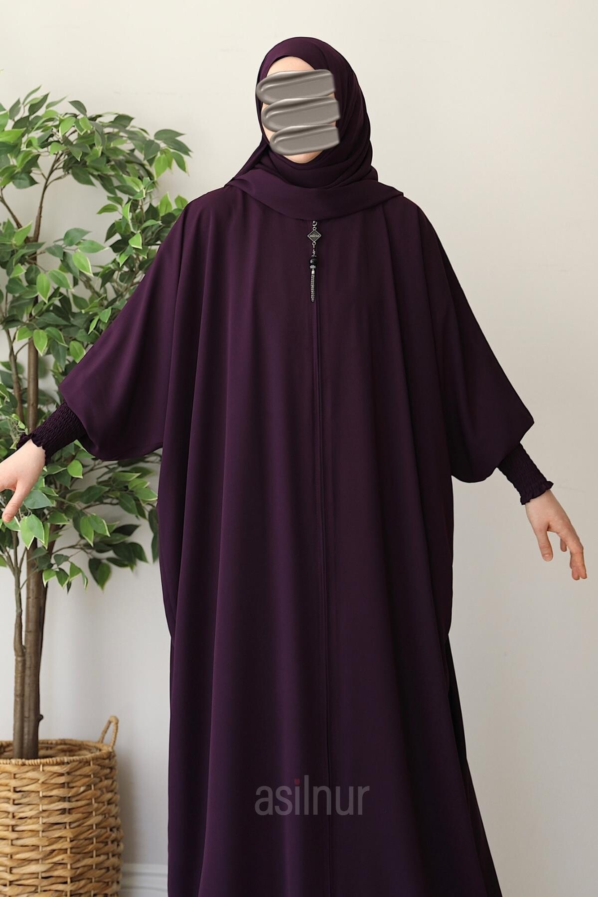 Ebru Yarasa Kollu Ferace Şal Hediyeli Takım Mürdüm - 6