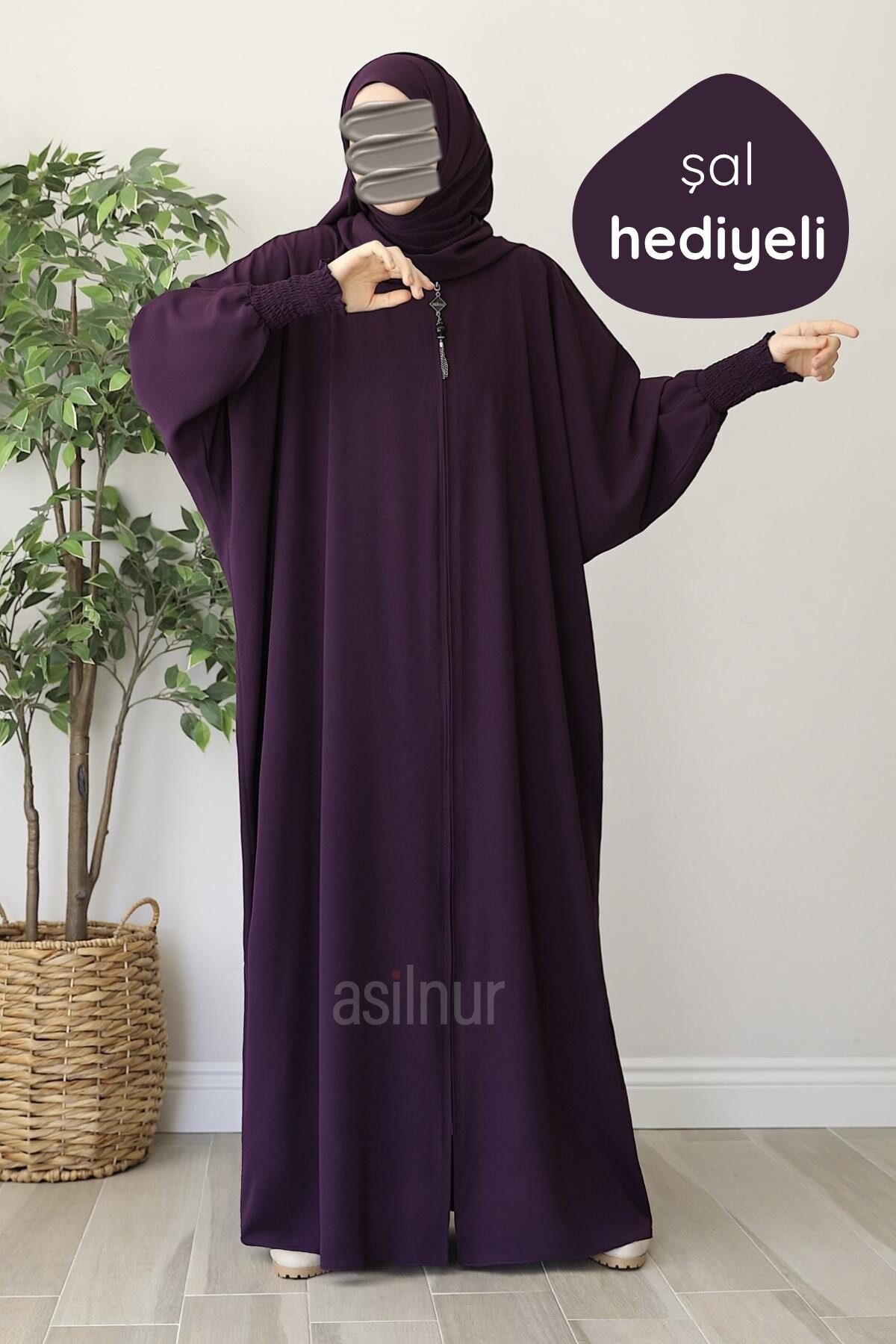 Ebru Yarasa Kollu Ferace Şal Hediyeli Takım Mürdüm - ASİLNUR