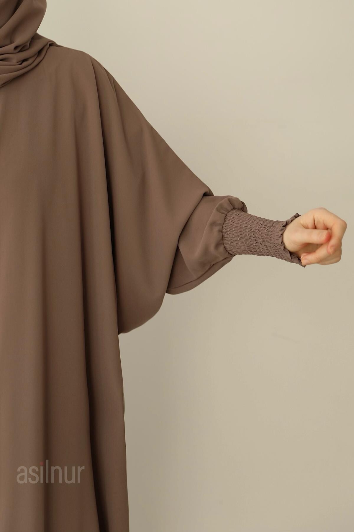 Ebru Yarasa Kollu Ferace Şal Hediyeli Takım Vizon - 2