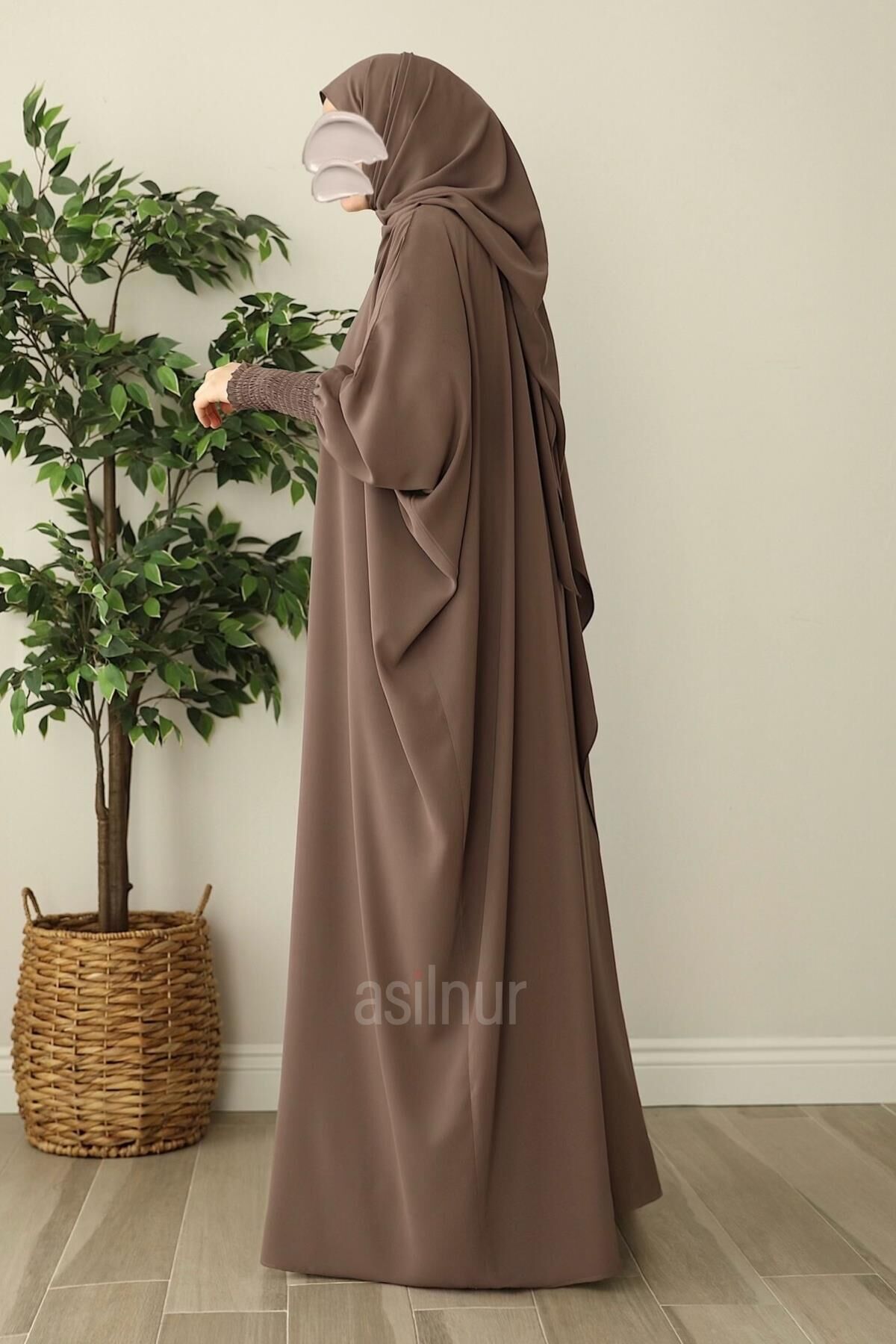 Ebru Yarasa Kollu Ferace Şal Hediyeli Takım Vizon - 4