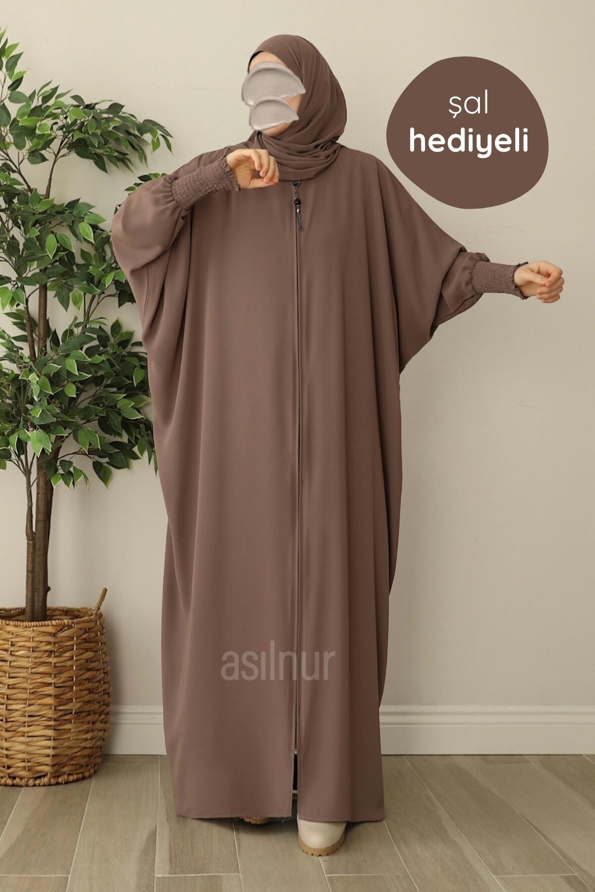 Ebru Yarasa Kollu Ferace Şal Hediyeli Takım Vizon - ASİLNUR