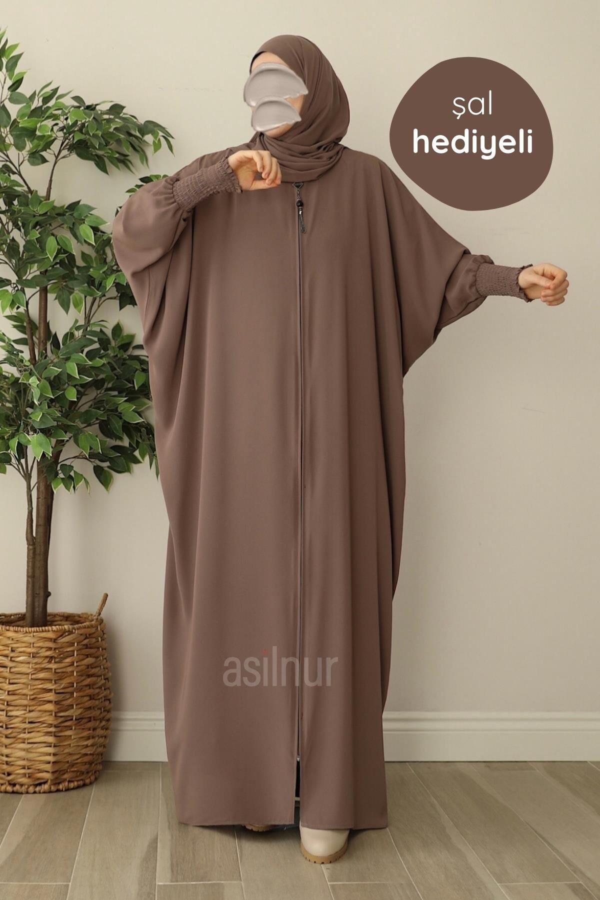 Ebru Yarasa Kollu Ferace Şal Hediyeli Takım Vizon - 1