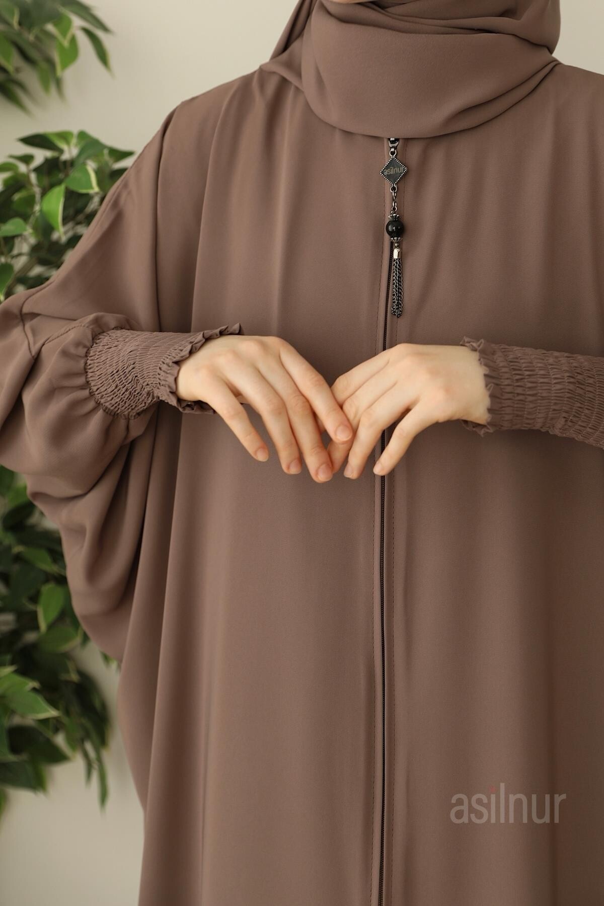 Ebru Yarasa Kollu Ferace Şal Hediyeli Takım Vizon - 5