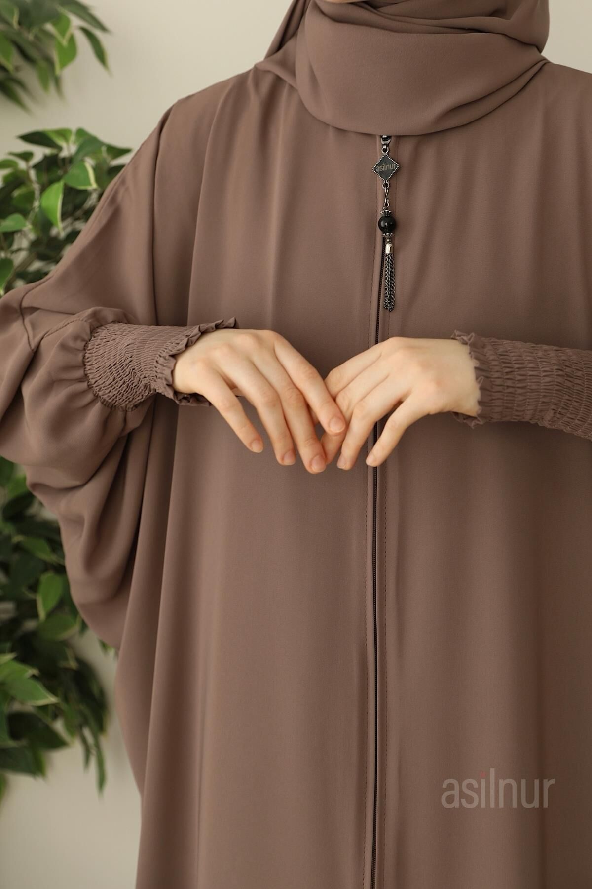 Ebru Yarasa Kollu Ferace Şal Hediyeli Takım Vizon - 5