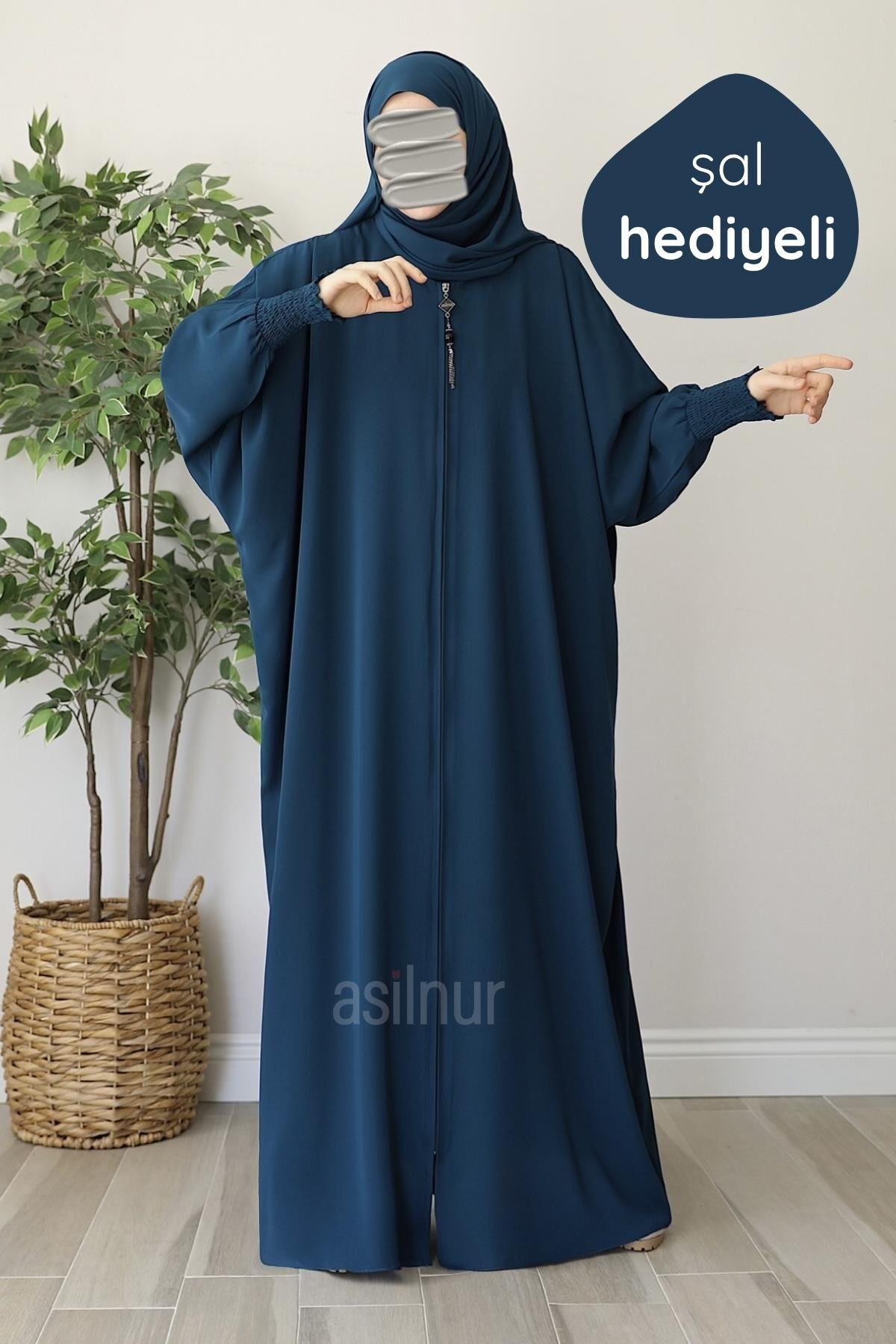 Ebru Yarasa Kollu Ferace Şal Hediyeli Takım Petrol Mavisi - 1
