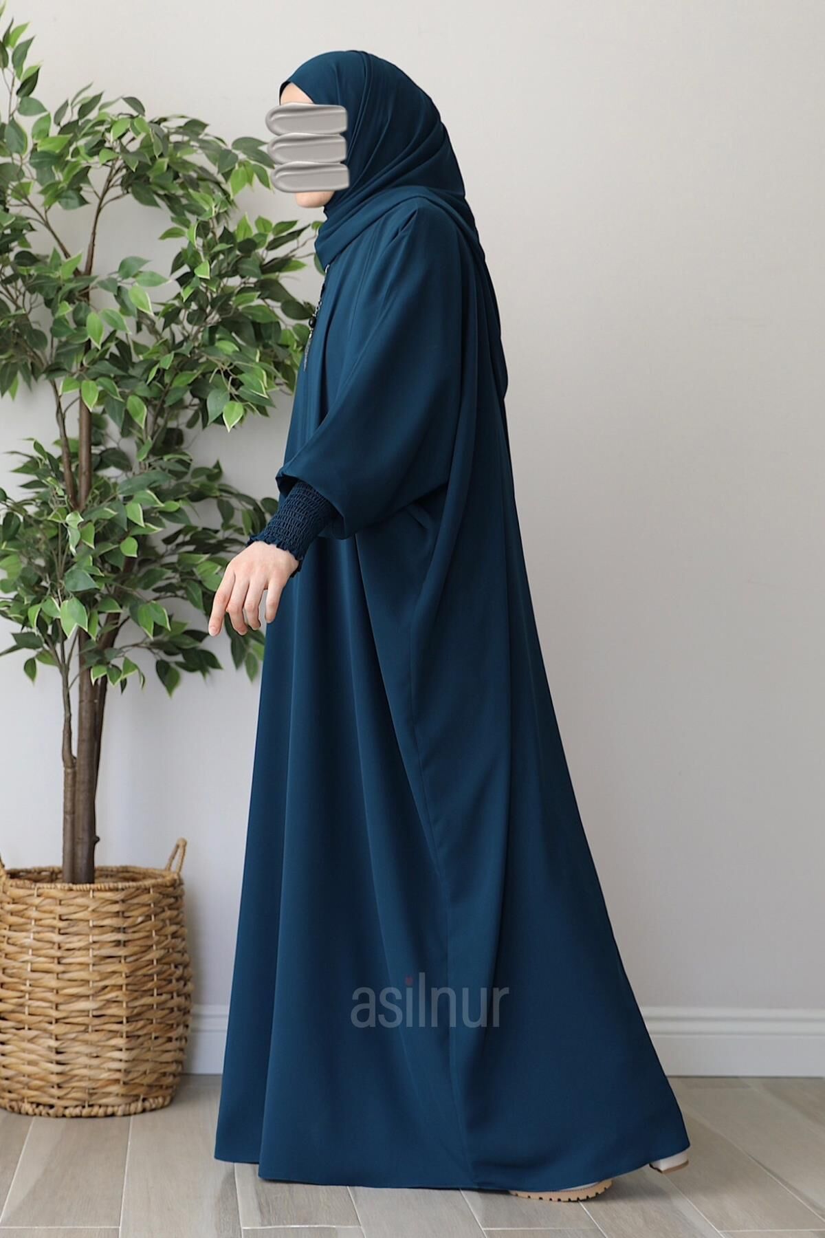 Ebru Yarasa Kollu Ferace Şal Hediyeli Takım Petrol Mavisi - 4